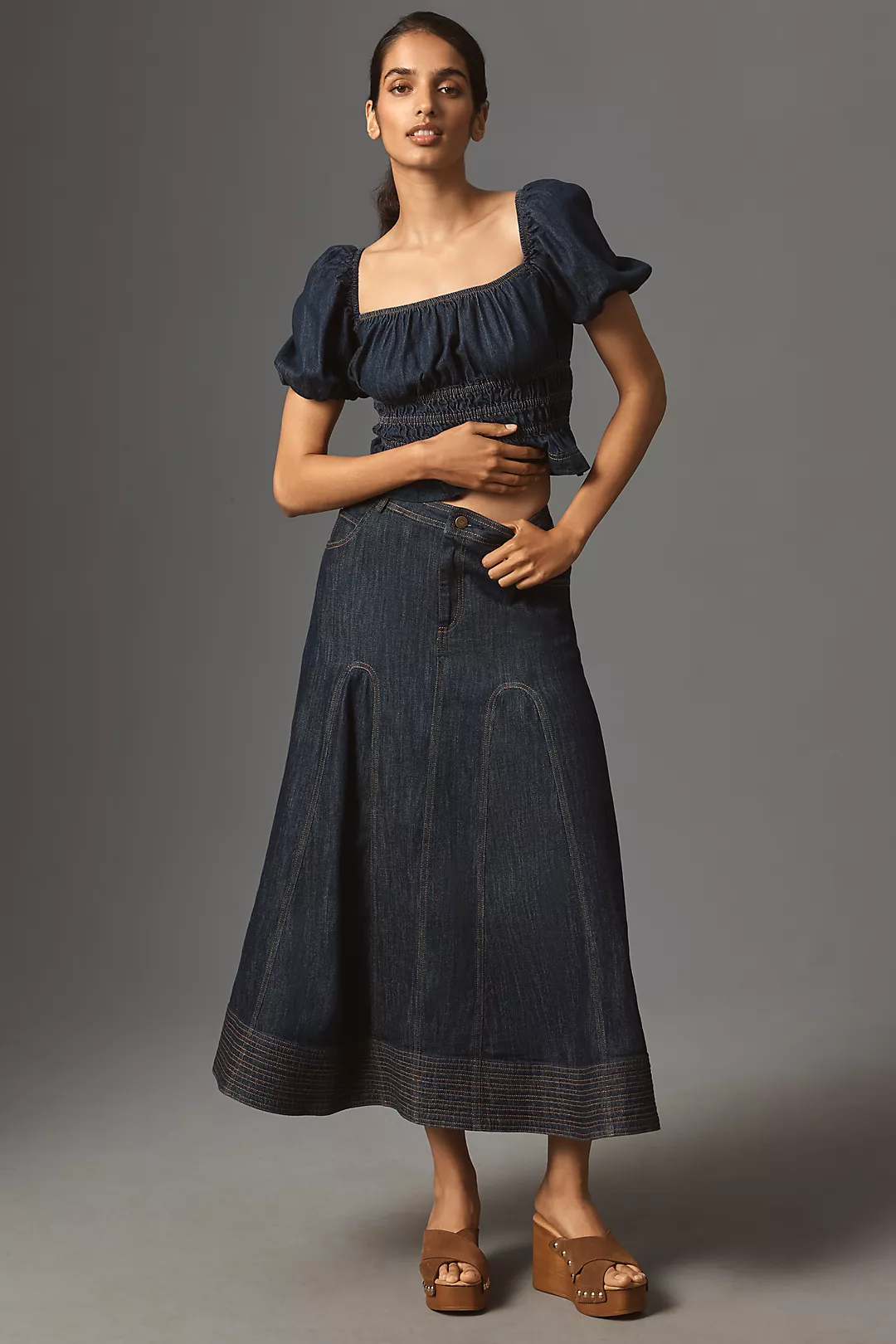 Pilcro Denim Godet Midi Skirt