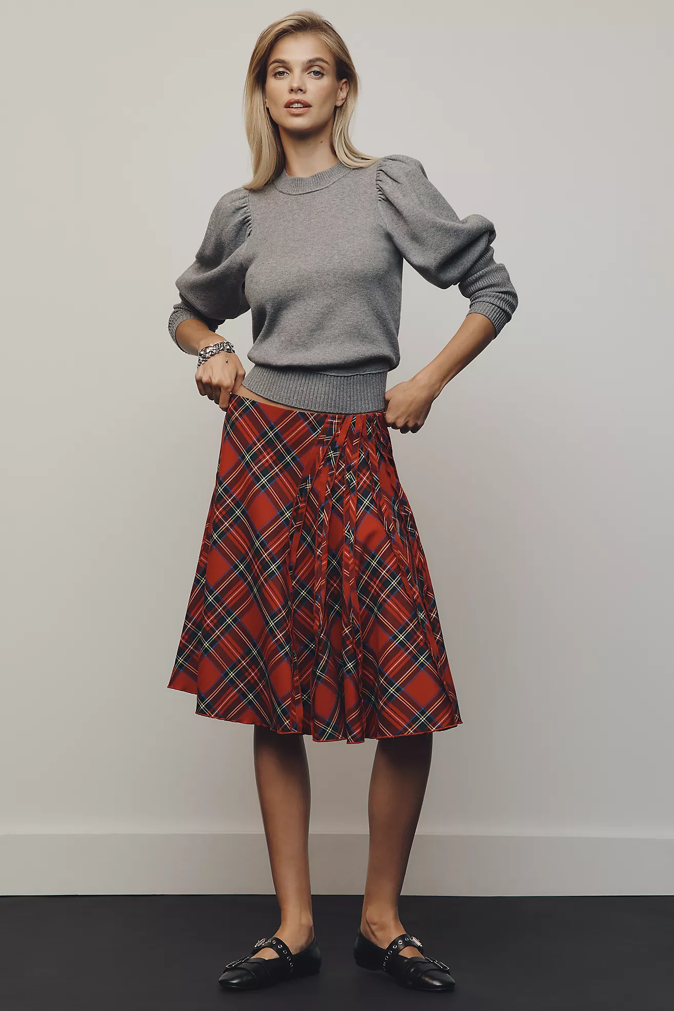 Maeve Seamed Plaid A-Line Midi Skirt
