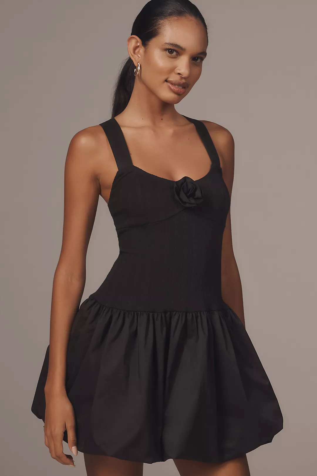 Avec Les Filles Halter Rosette Drop-Waist Bubble Mini Dress