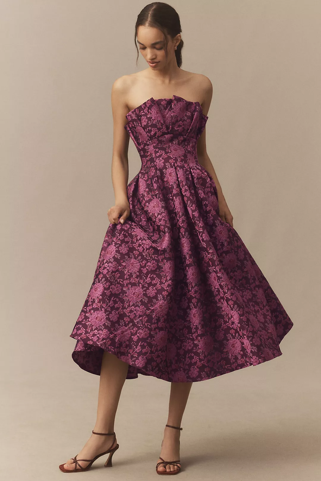 Mac Duggal Strapless Floral Brocade A-Line Midi Dress