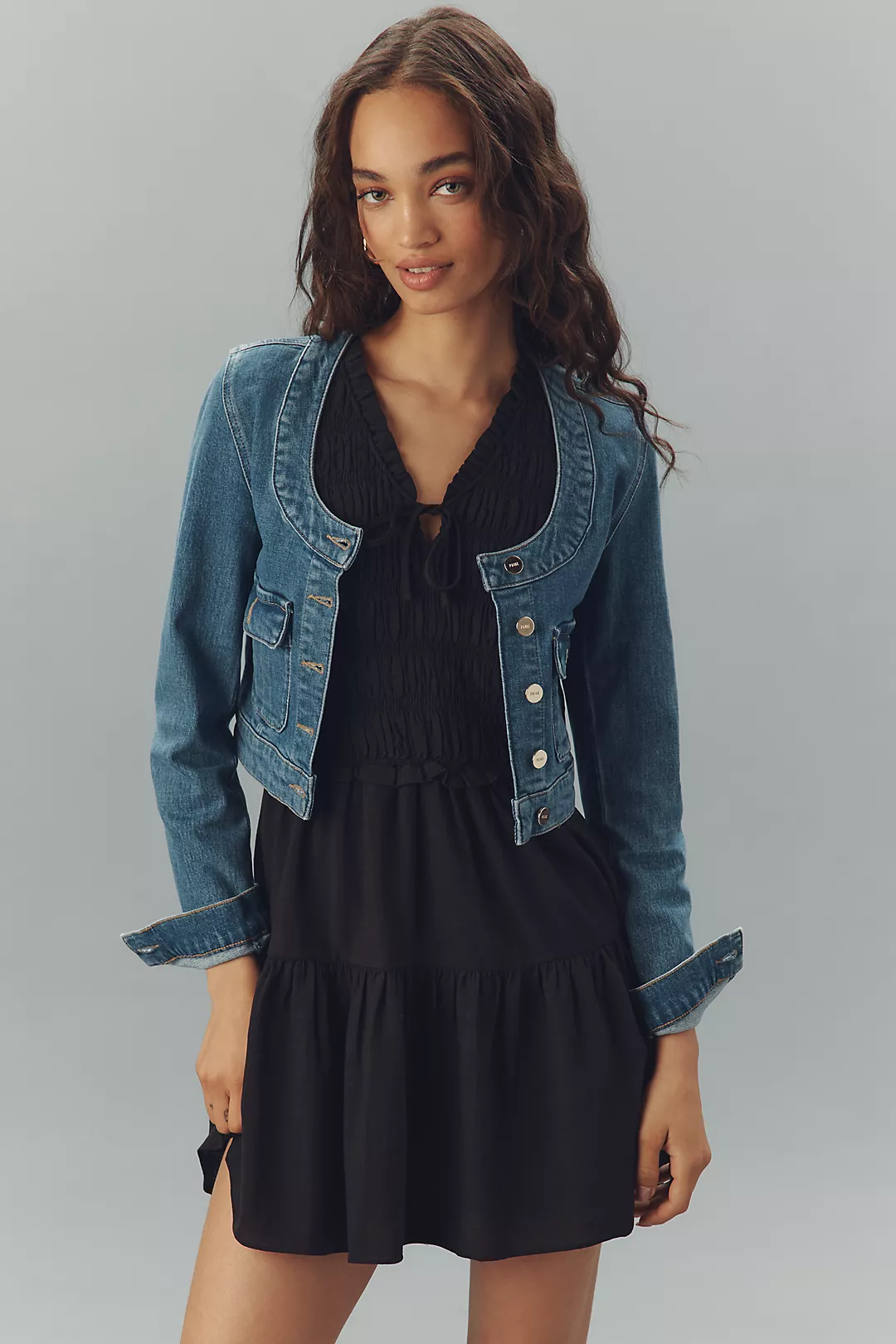 PAIGE Kiara Collarless Scoop-Neck Crop Denim Jacket