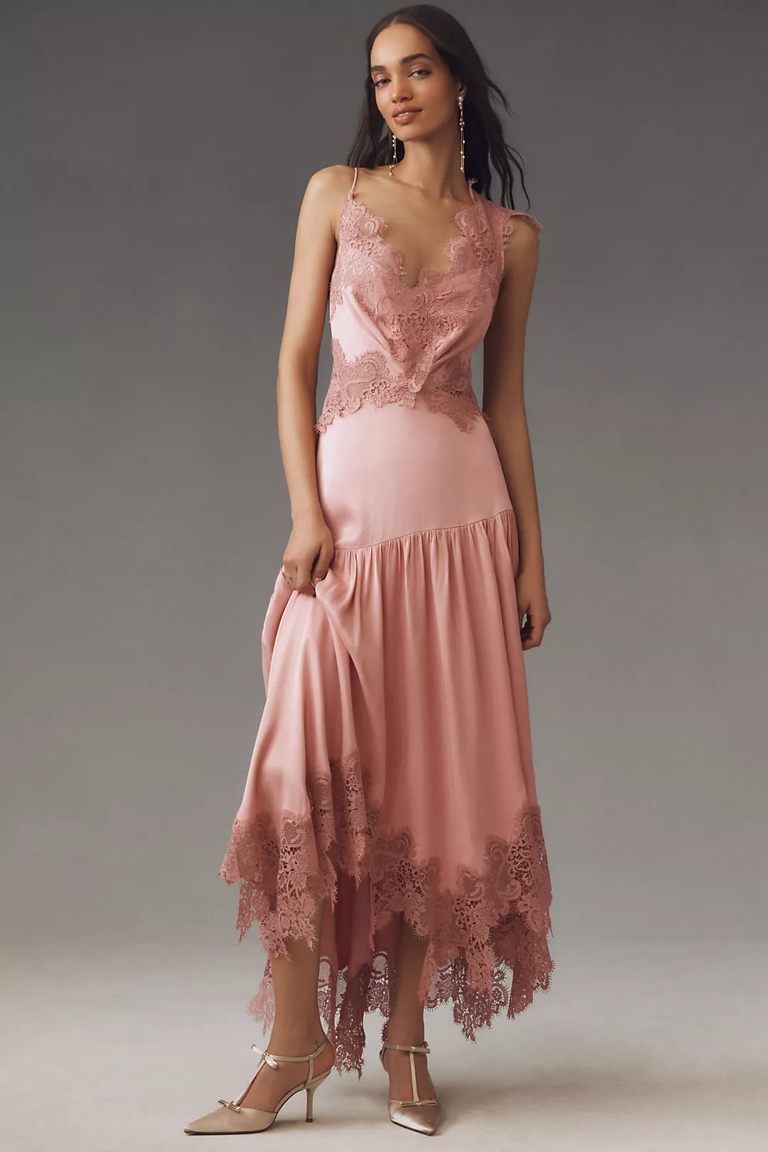 BHLDN Evelyn Lace V-Neck High-Low Midi Dress