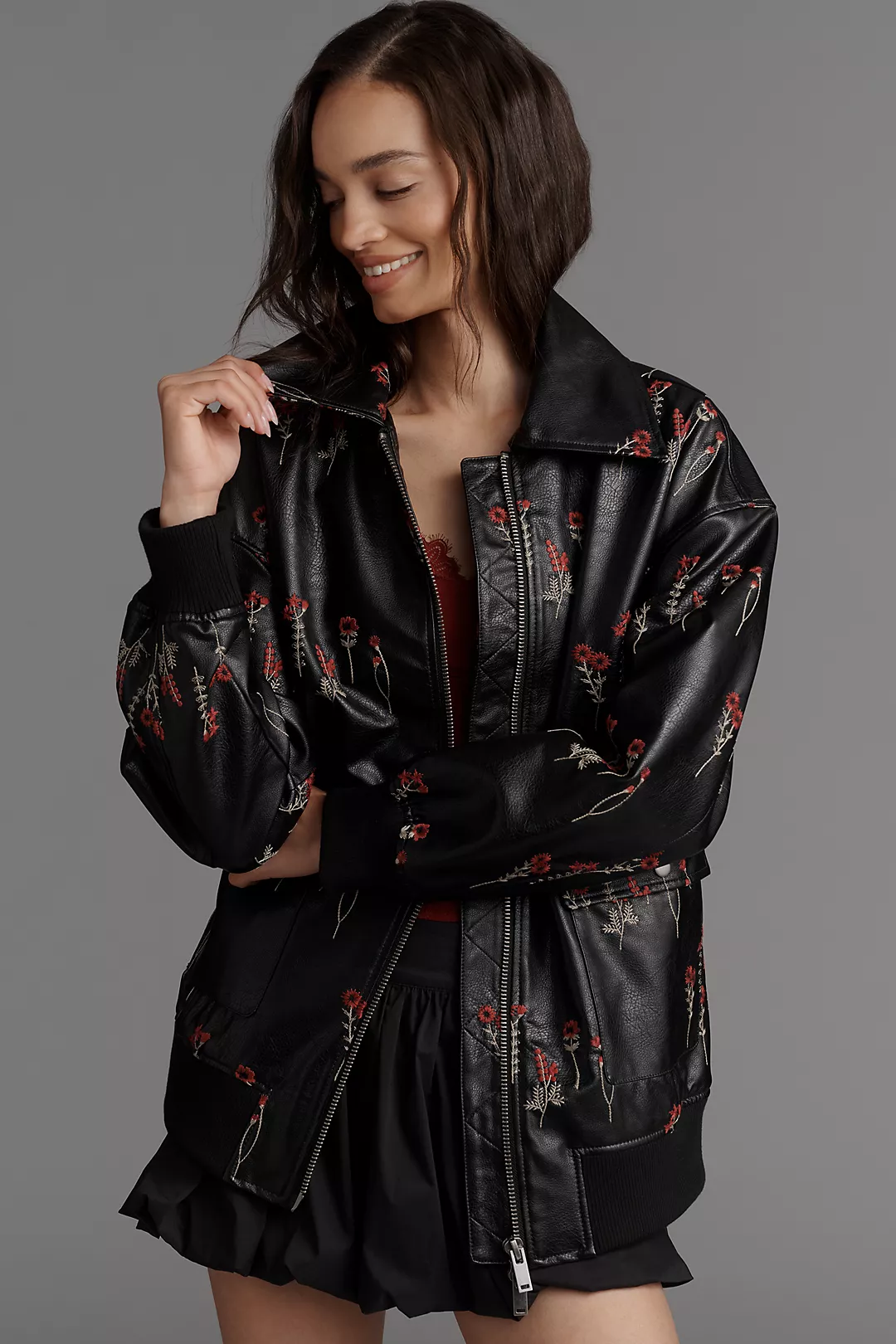 Maeve Faux-Leather Floral-Embroidered Bomber Jacket
