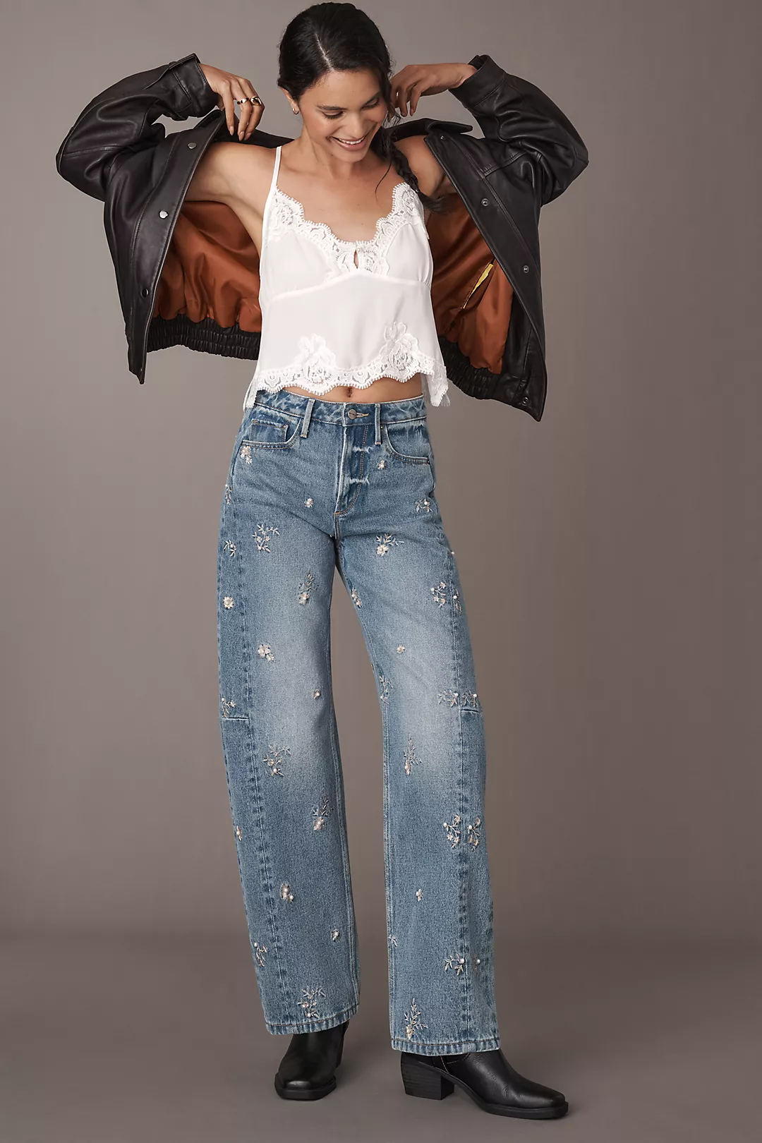 Driftwood Elaine Pearl-Embellished High-Rise Barrel Jeans