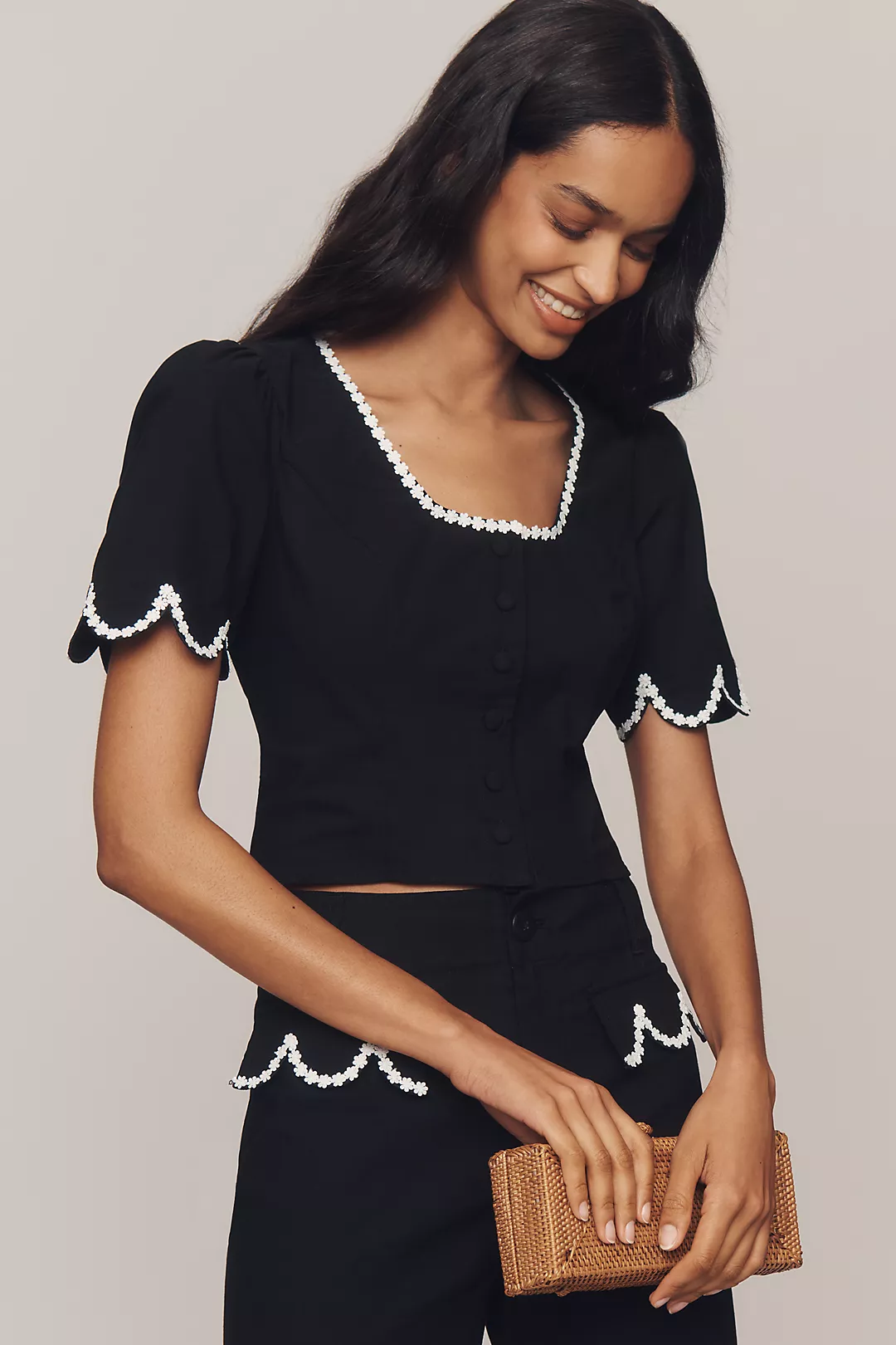 Maeve Scoop-Neck Lace-Trim Blouse