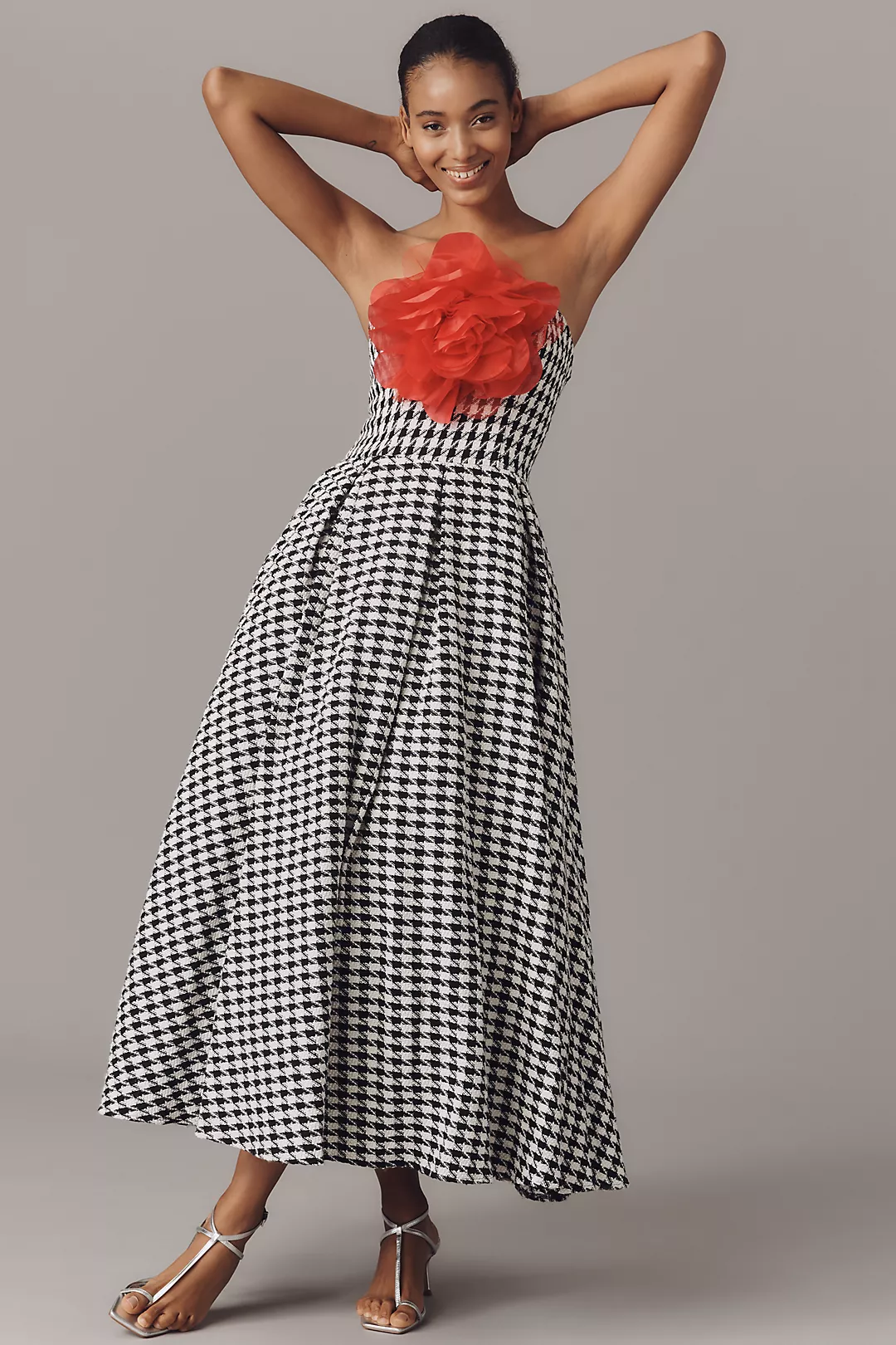 Mac Duggal Strapless 3D Flower Bouclé A-Line Midi Dress