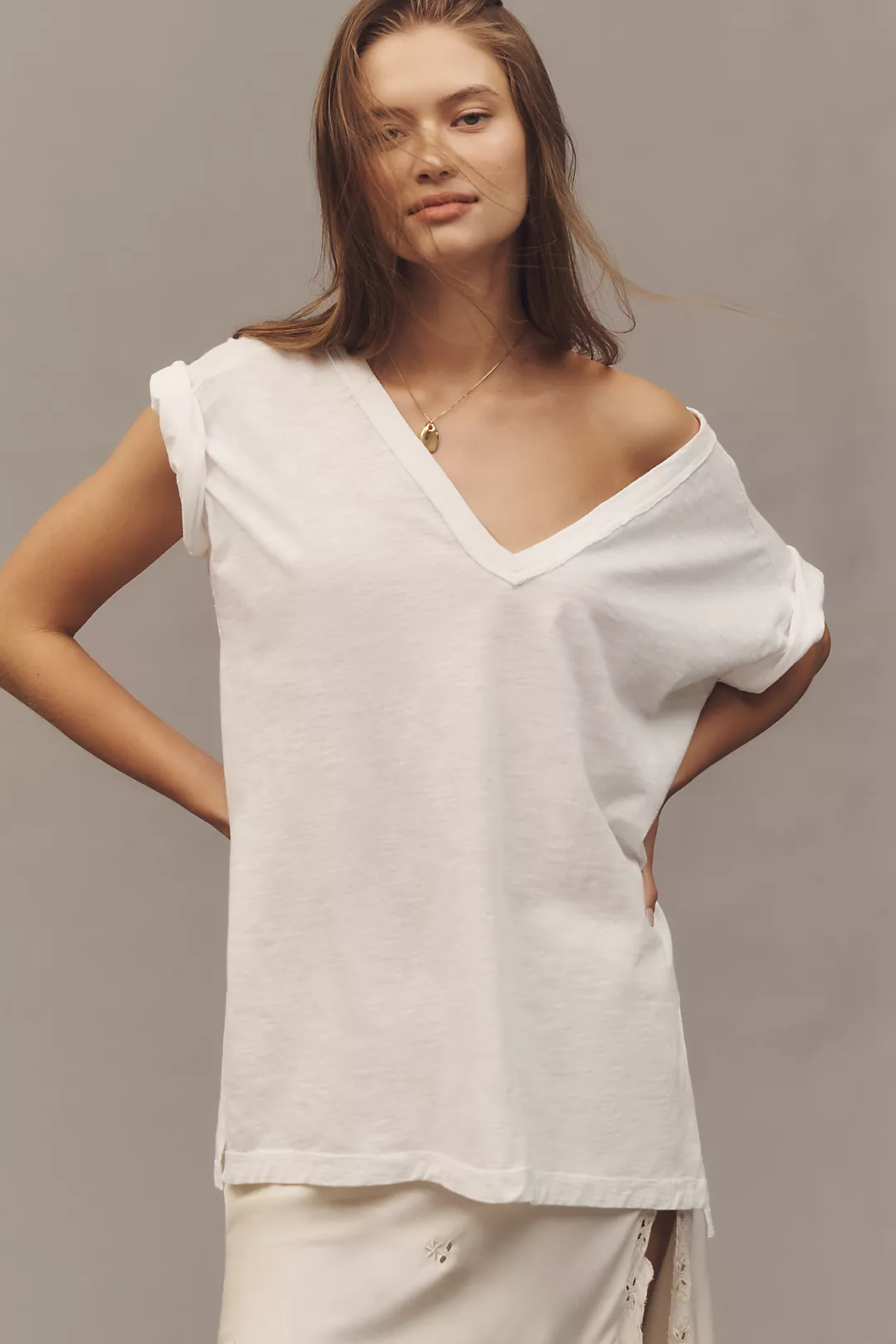 The Jordyn Plus Cotton-Slub V-Neck Tee by Pilcro