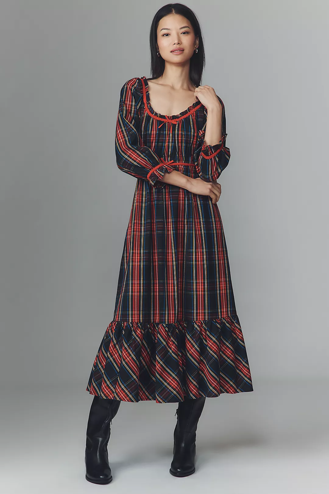 Pink City Prints Agatha Scoop-Neck Ruffle-Hem Midi Dress