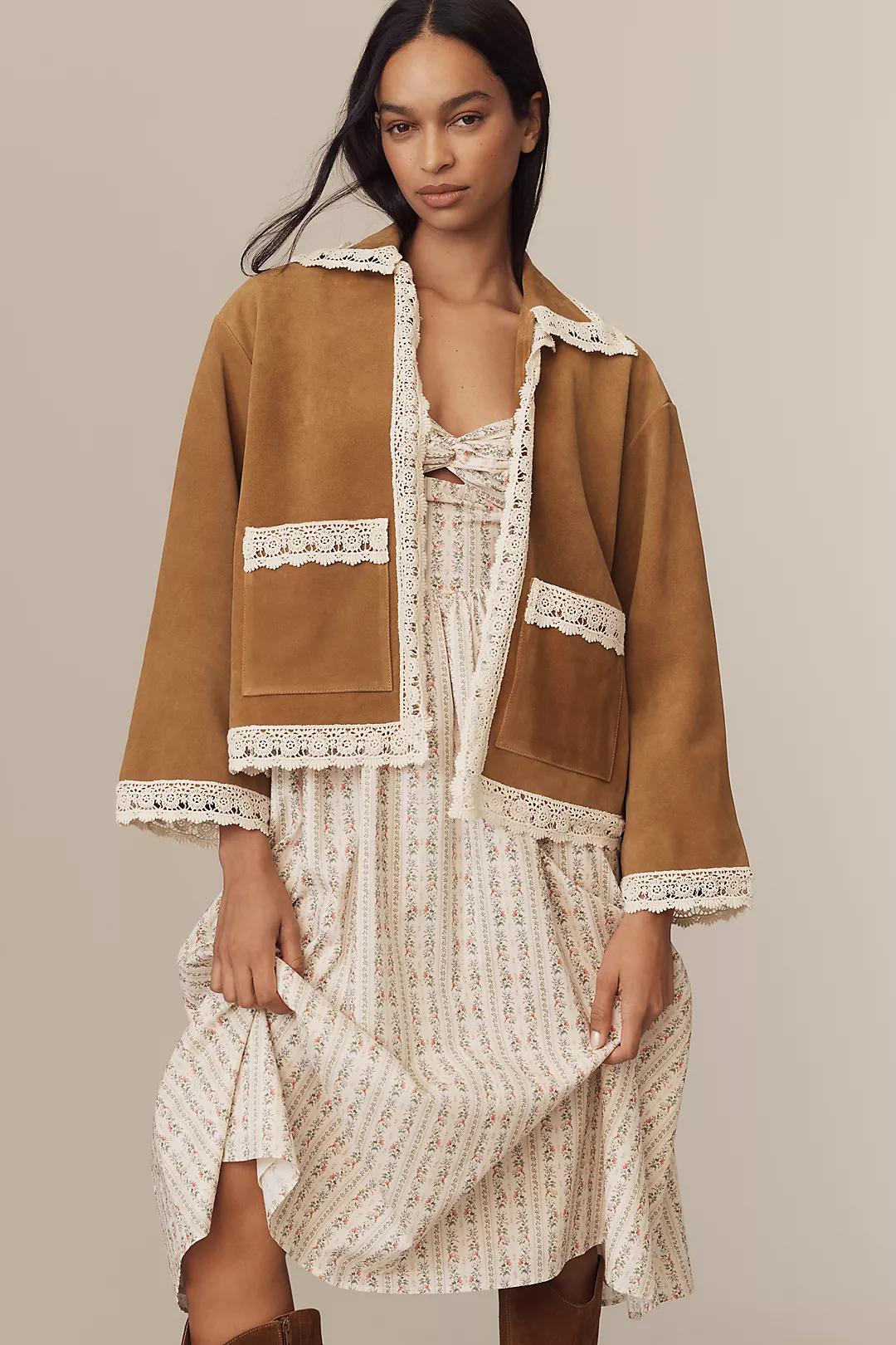 By Anthropologie Suede Boxy Open-Front Jacket