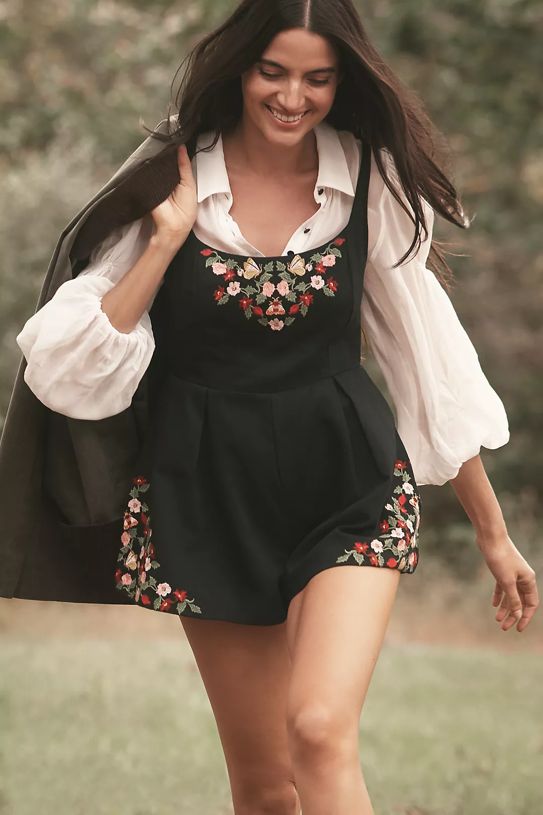 Maeve Long-Sleeve Embroidered Twofer Romper