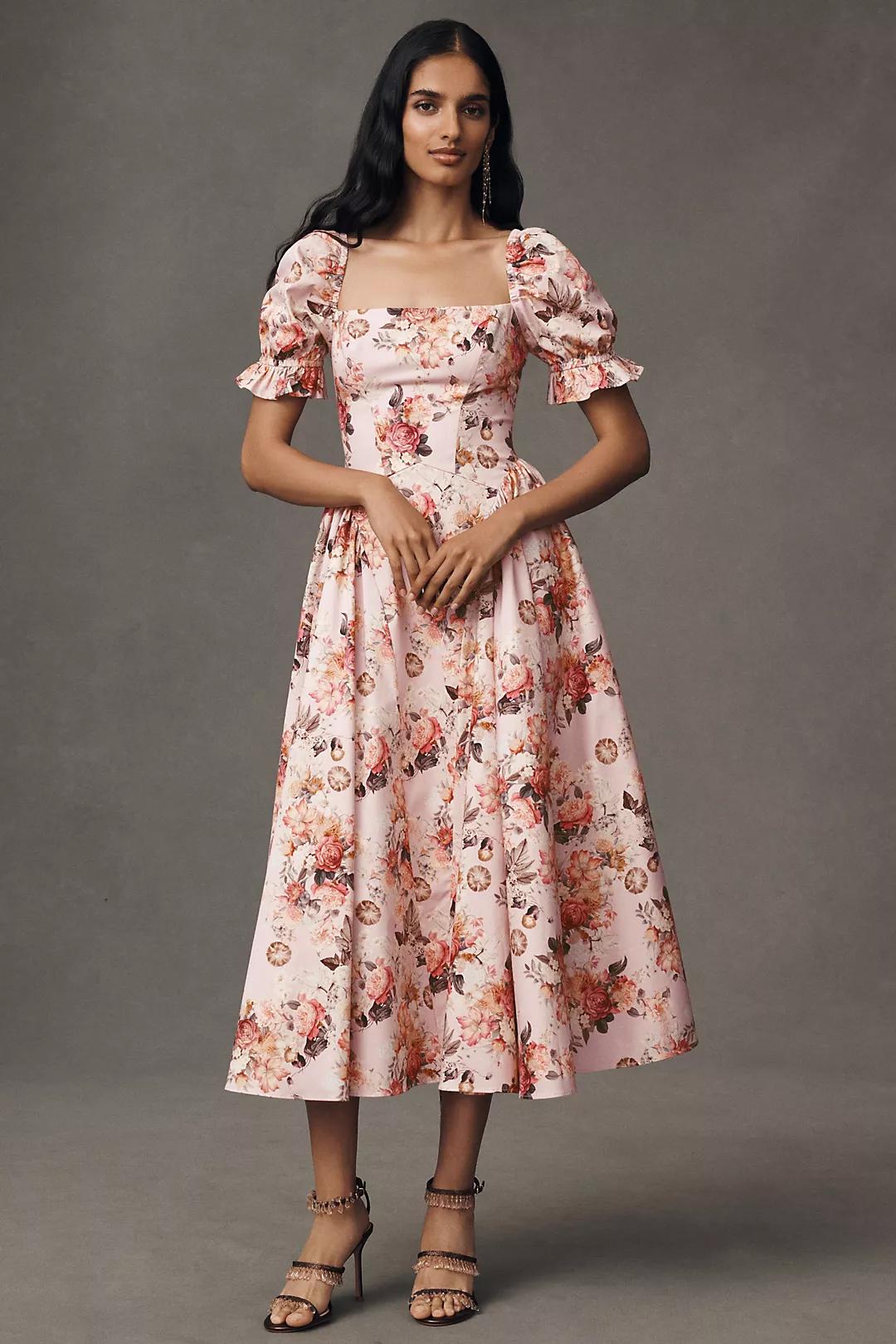 Mare Mare Square-Neck Puff-Sleeve A-Line Midi Dress