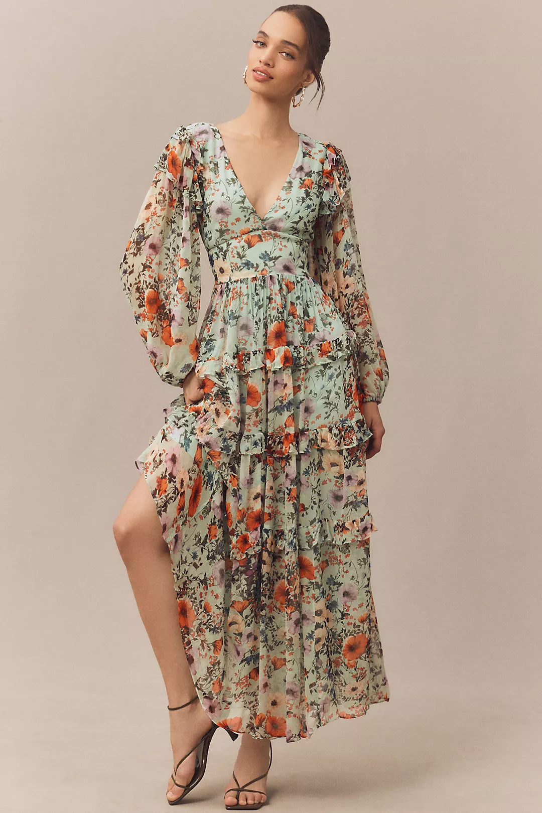 BHLDN Floral Chiffon Plunge Long-Sleeve Ruffle Maxi Dress