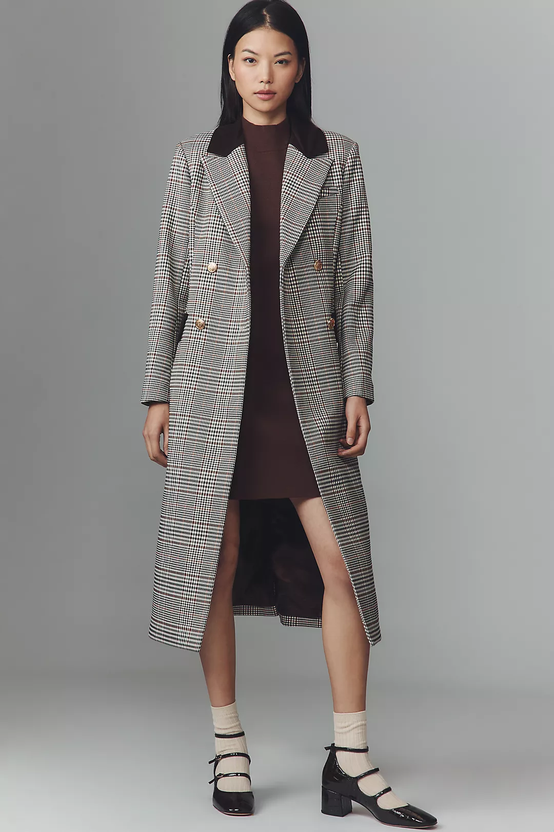 Avec Les Filles Double-Breasted Plaid Tailored Coat