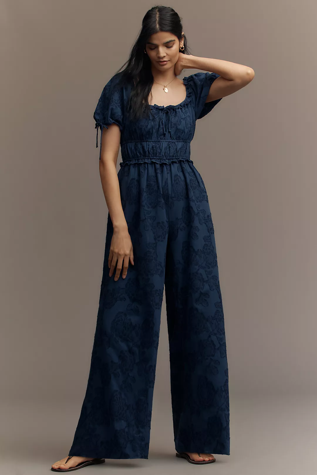 Sarah Hann Linen Blend Puff-Sleeve Jumpsuit