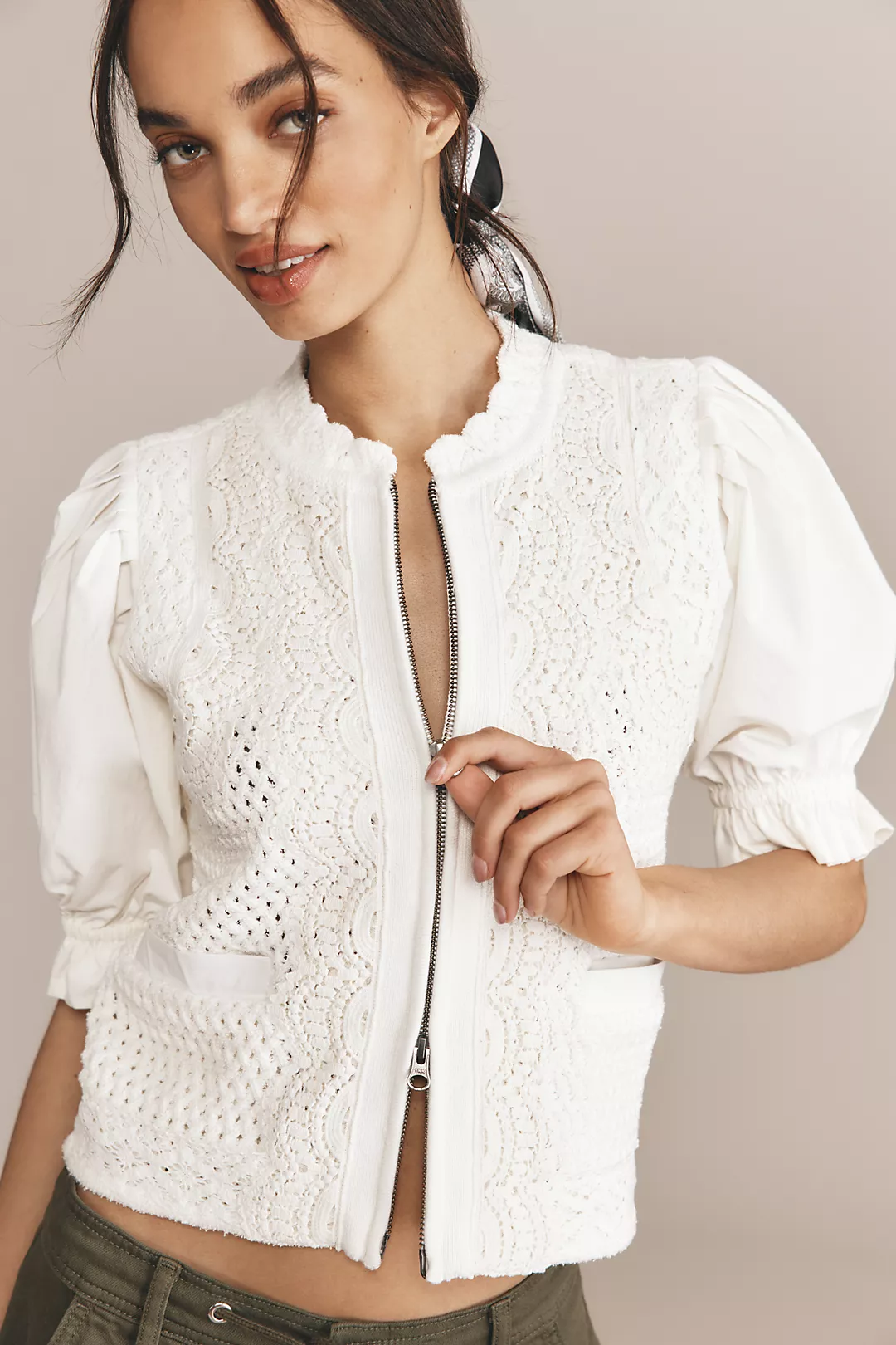 By Anthropologie Puff-Sleeve Mock-Neck Mixed Media Cardigan Sweater