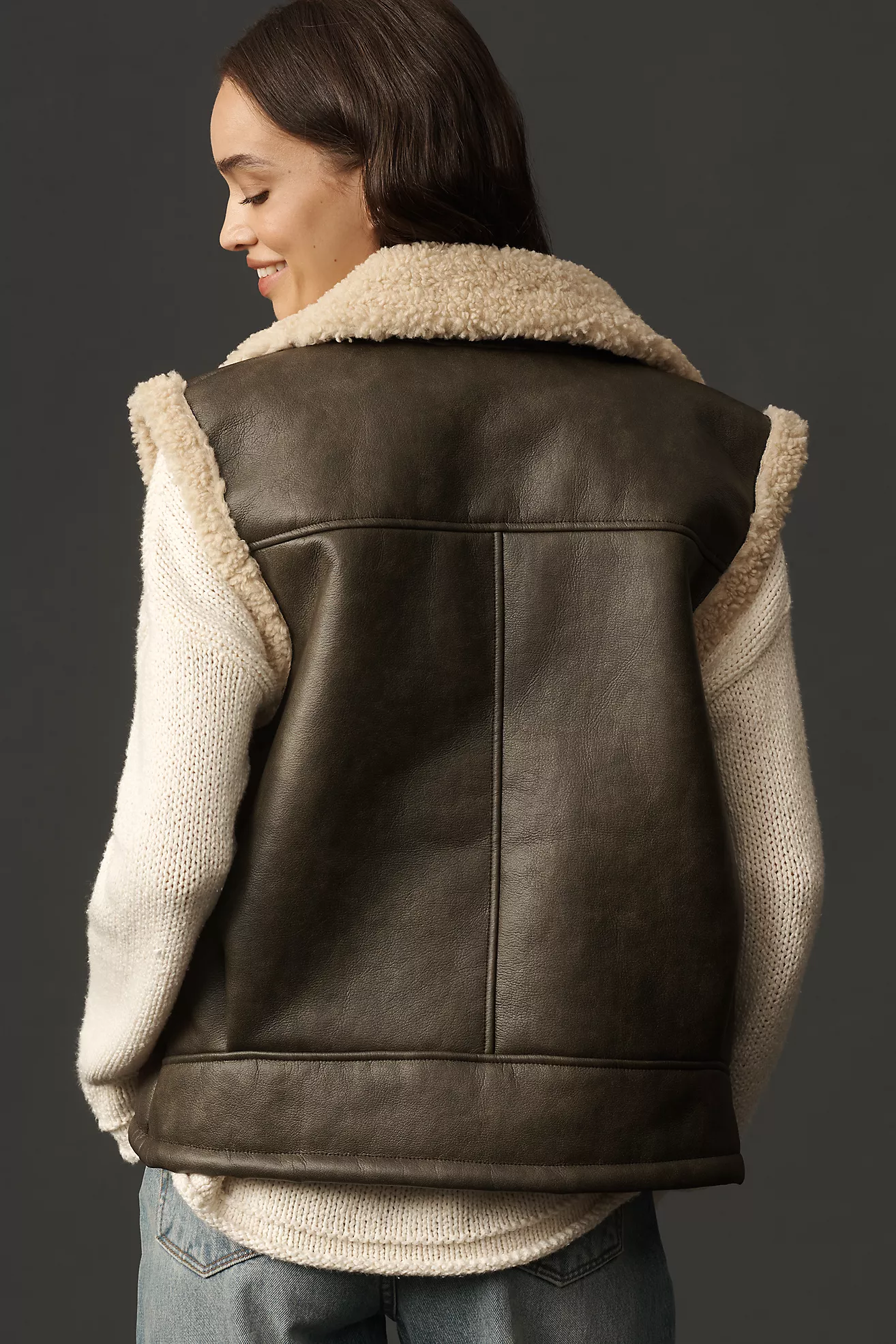 By Anthropologie Faux Leather Sherpa Fleece-Lined Vest