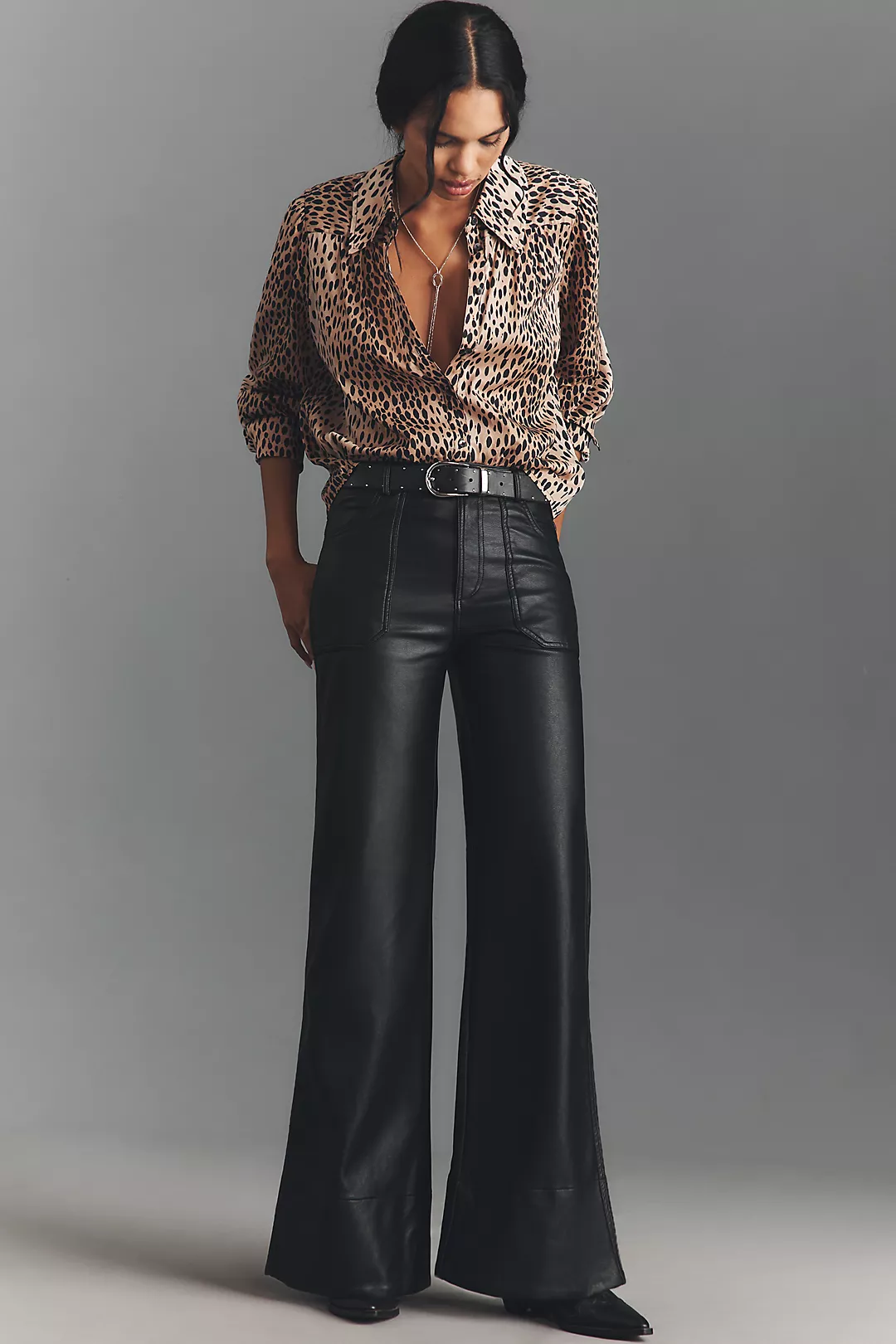 The Rylan Faux-Leather Relaxed High-Rise Flare Pants by Pilcro