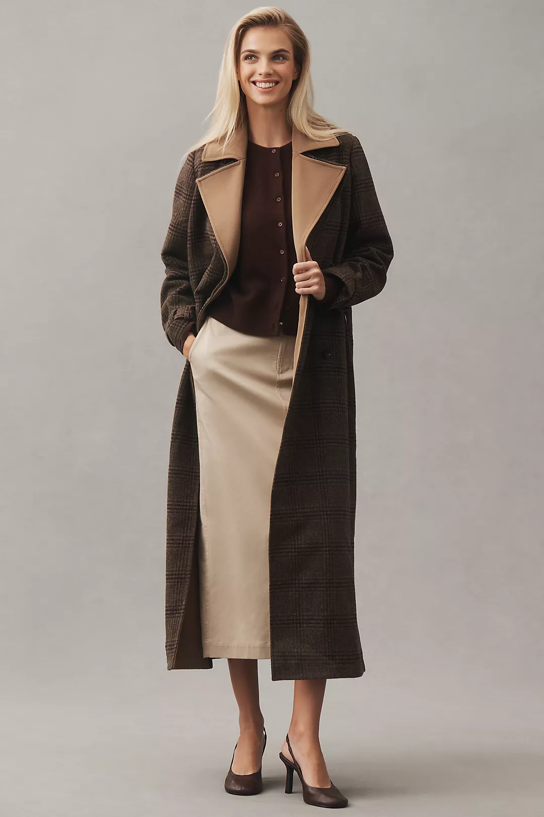 Avec Les Filles Belted Plaid Long Coat