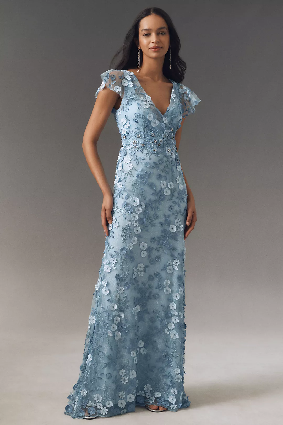 Mac Duggal Flutter-Sleeve Formal Appliqué Maxi Dress