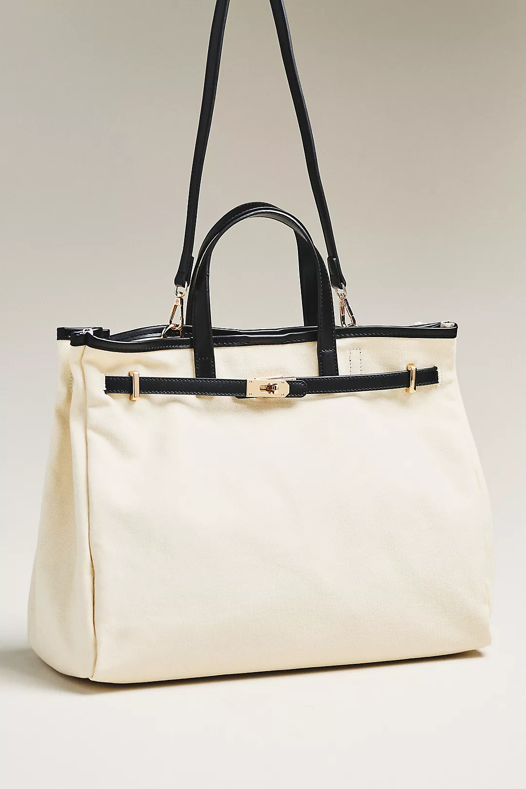 Faux-Leather Trim Belted Canvas Tote