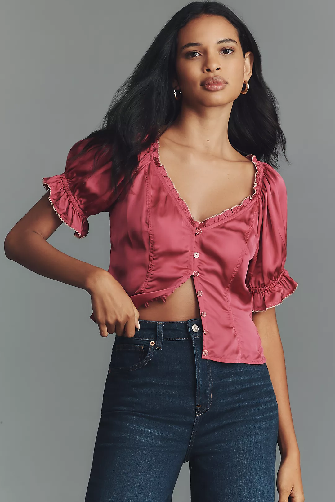 By Anthropologie Puff-Sleeve Ruffle Buttondown Top