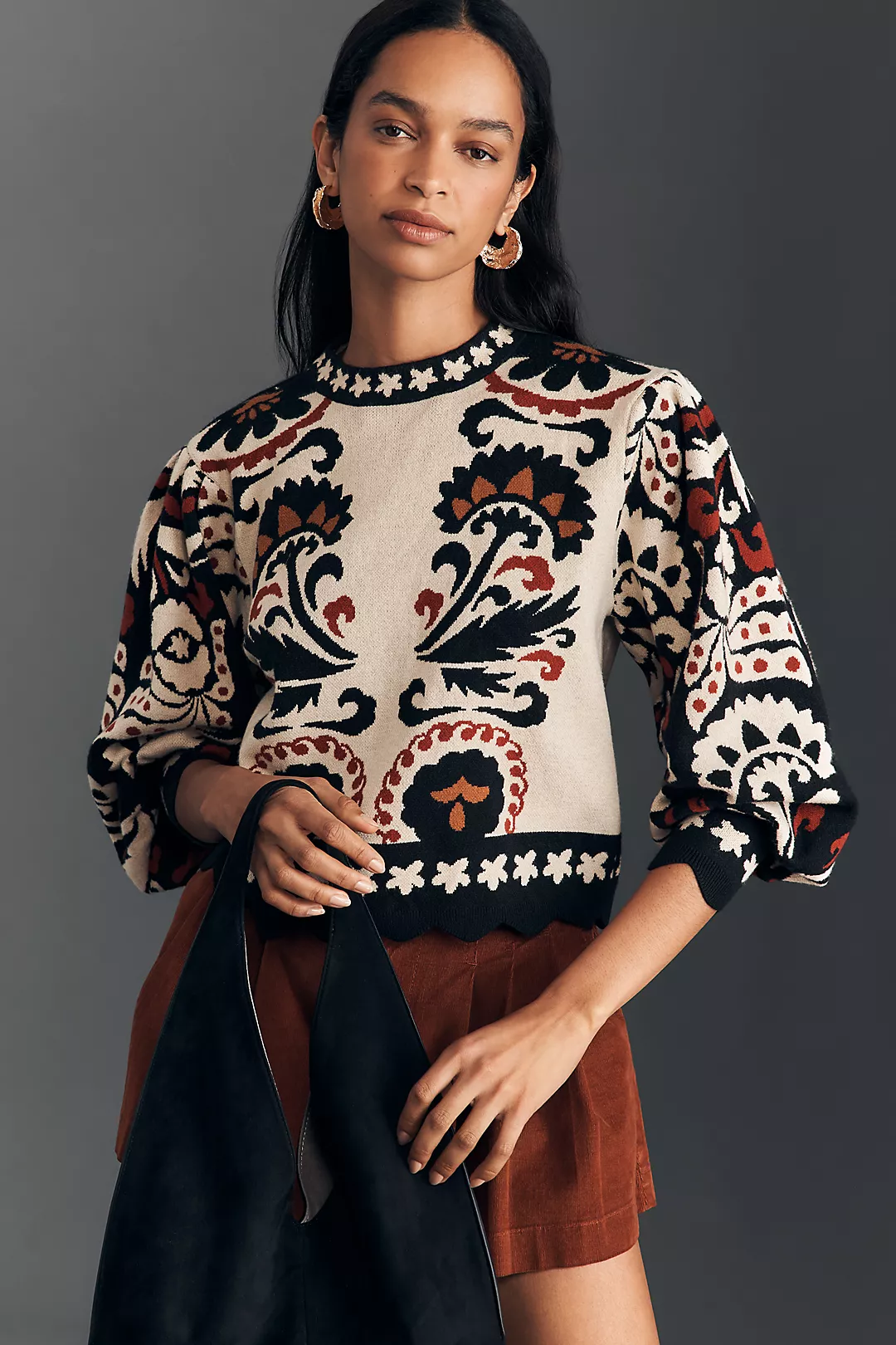 Farm Rio Winter Tapestry Stripes Puff-Sleeve Sweater