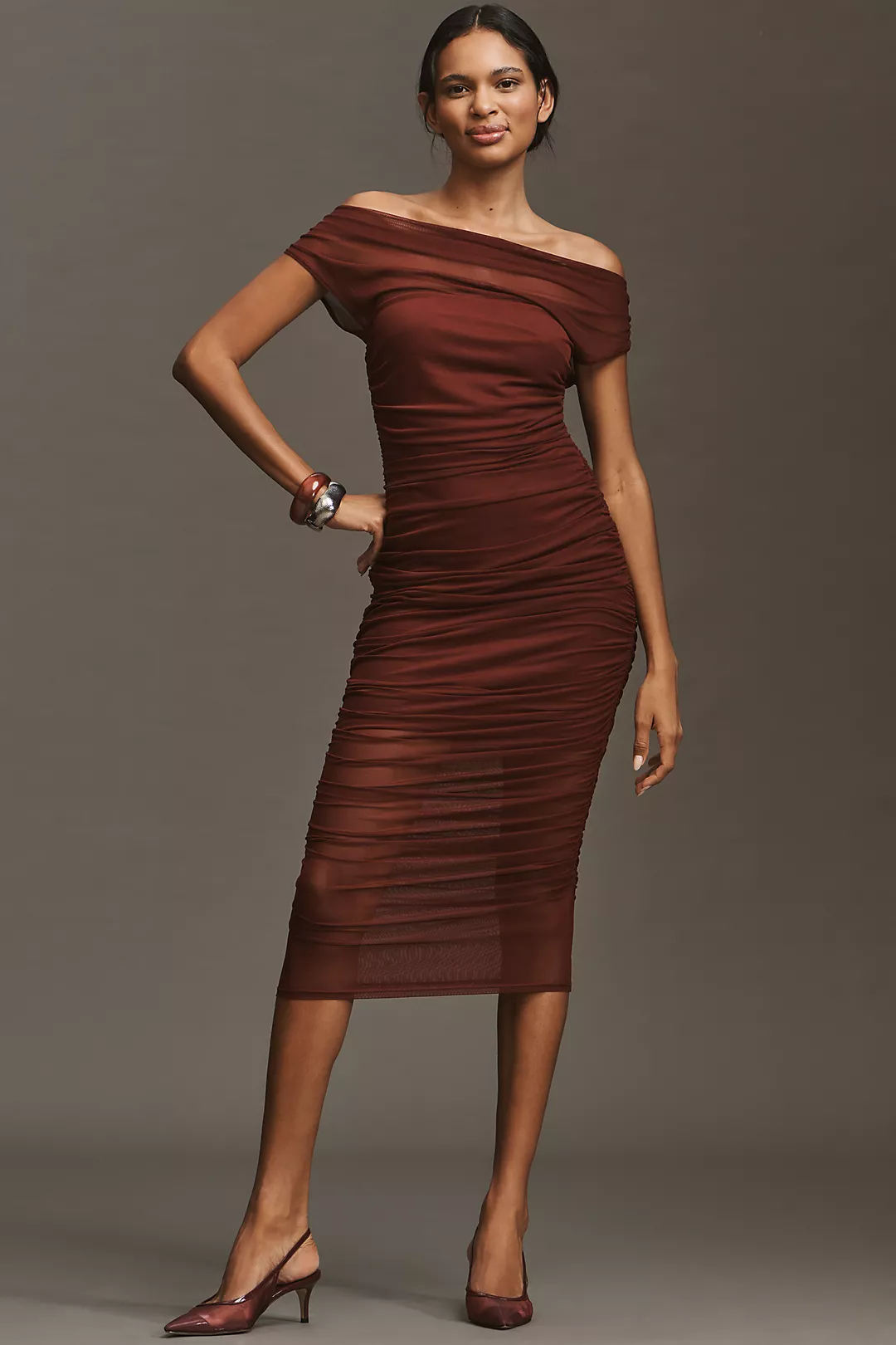 By Anthropologie Off-Shoulder Mesh Slim Midi Dress