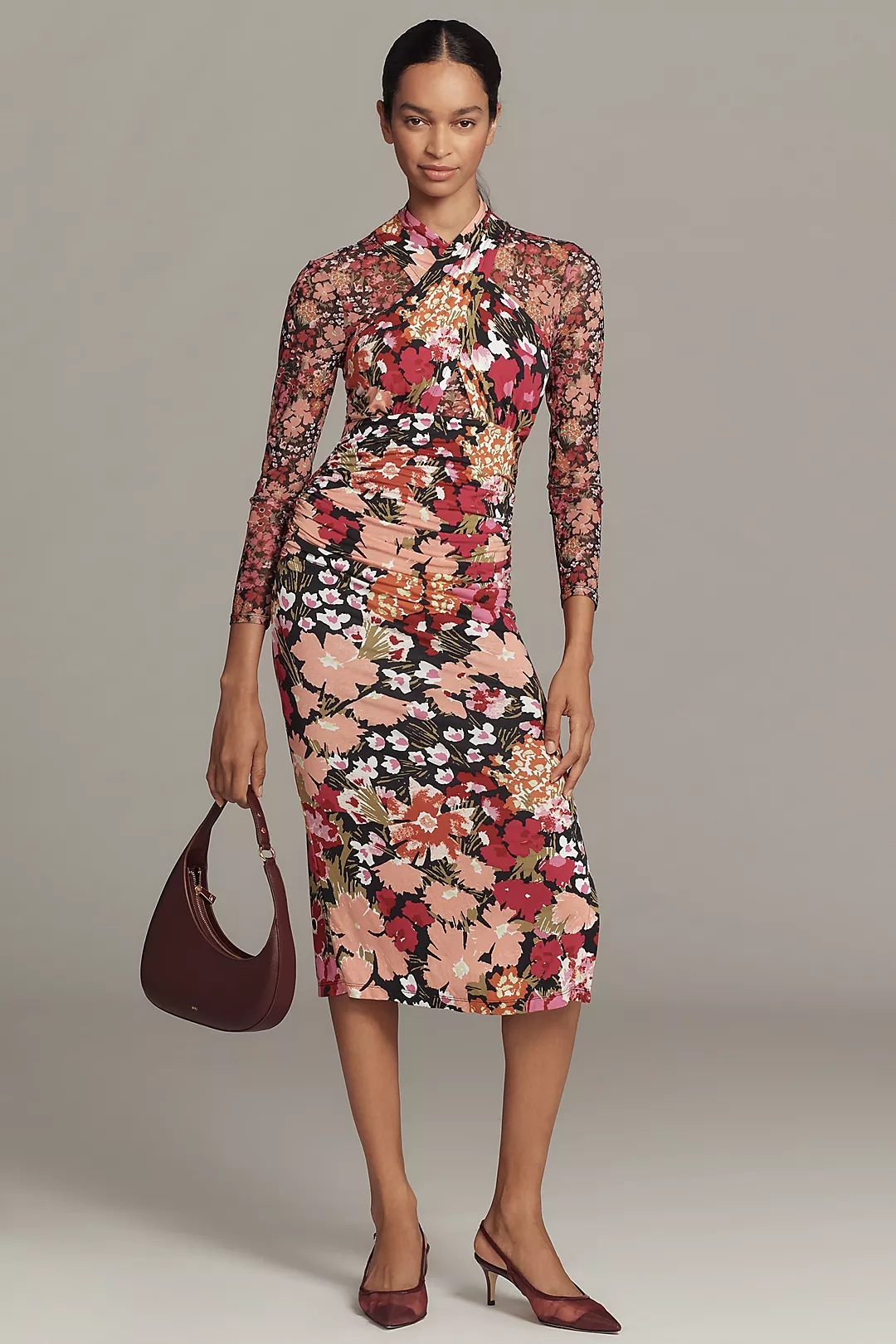 By Anthropologie Long-Sleeve Halter Mesh Midi Dress