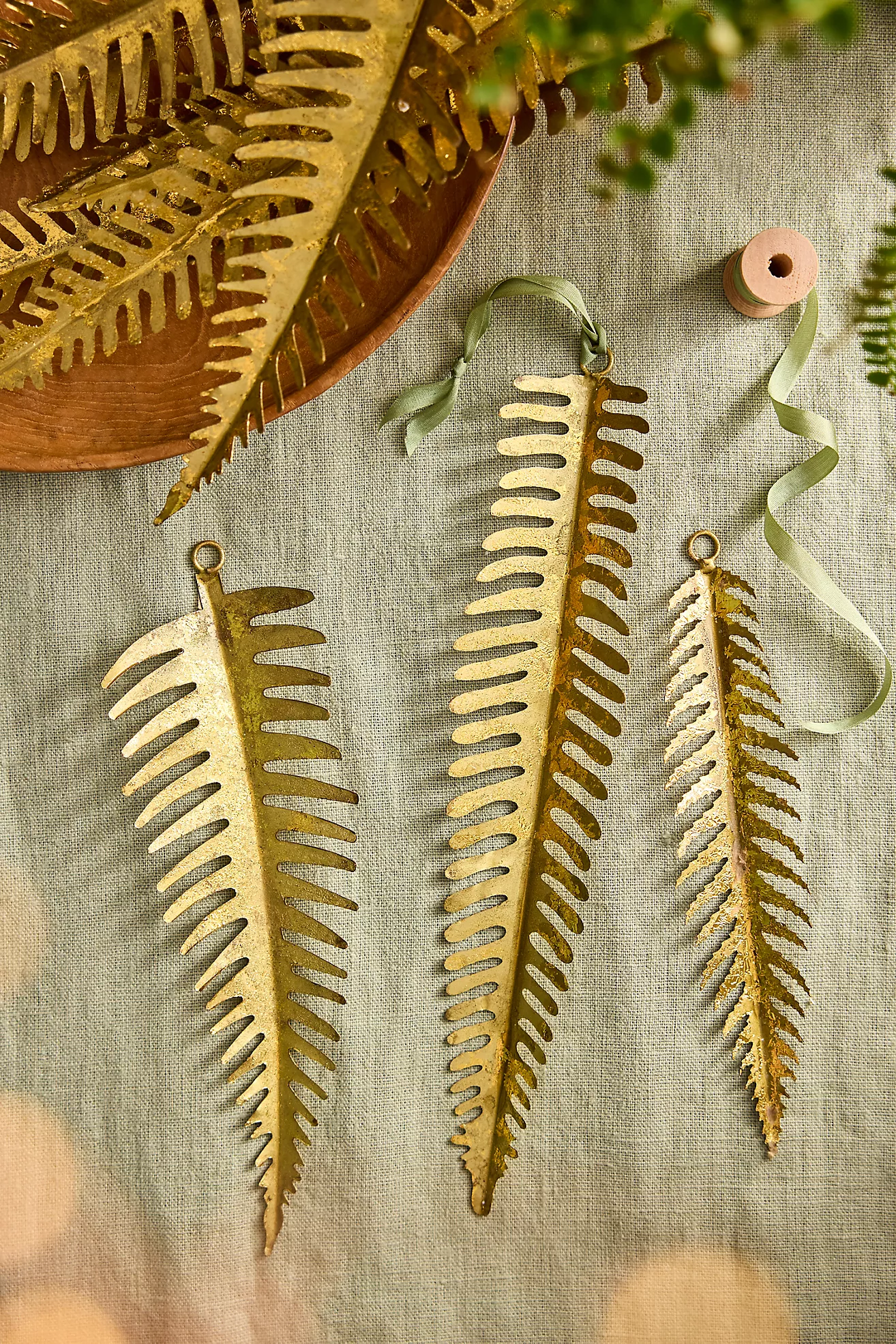 Gold Foil Fern Frond Ornaments, Set of 12