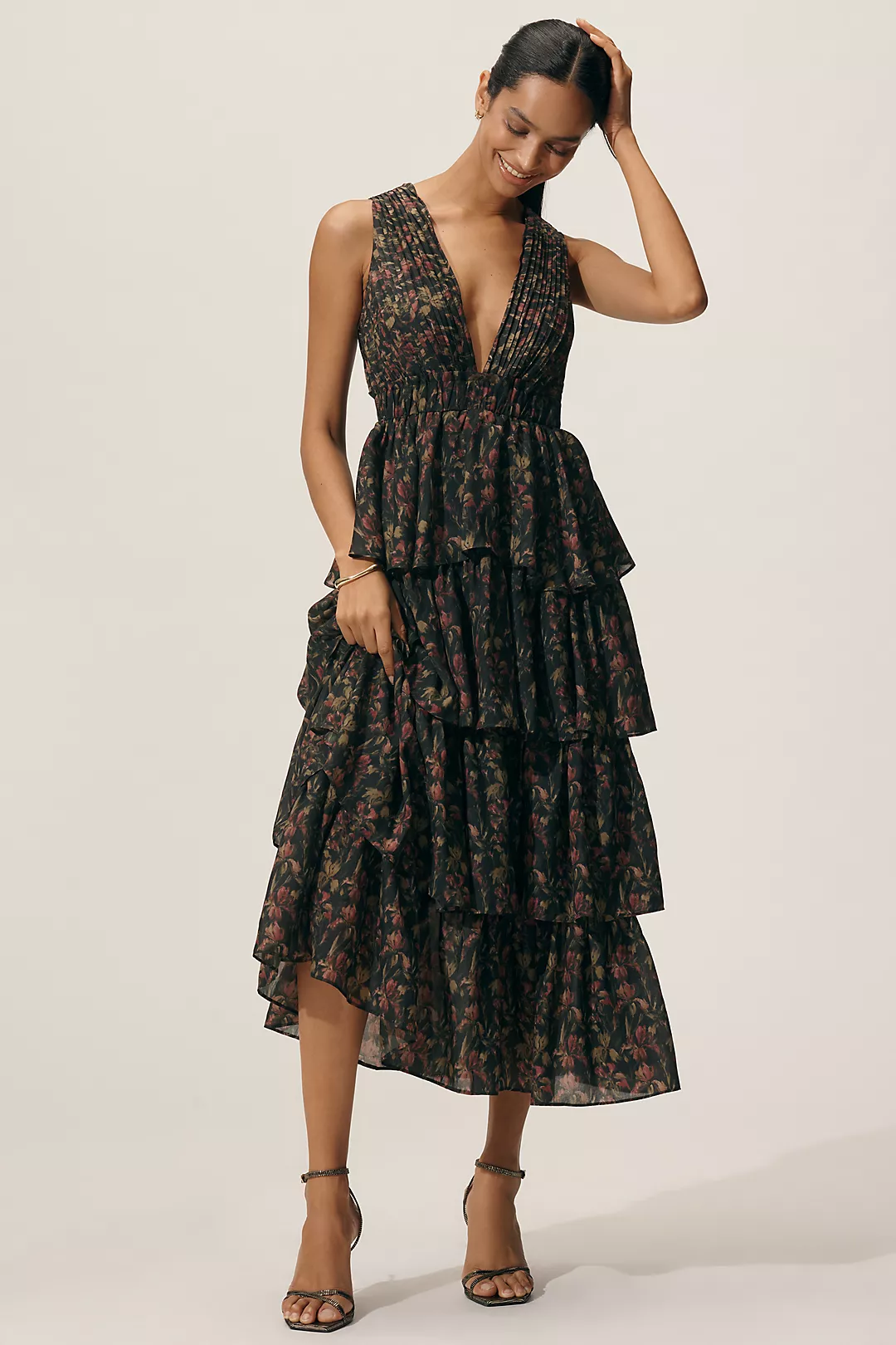 Endless Rose Sleeveless V-Neck Tiered Midi Dress