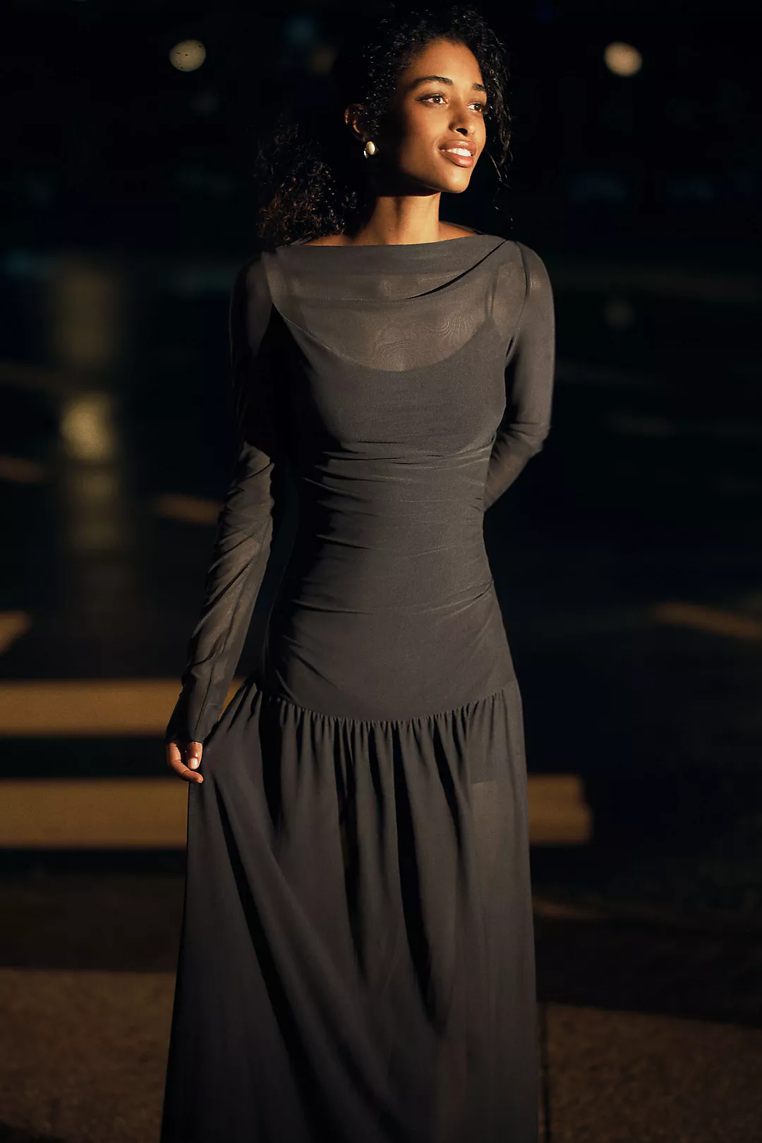 BEC + BRIDGE Blaine Long-Sleeve Sheer Drop-Waist Stretch Mesh Maxi Dress