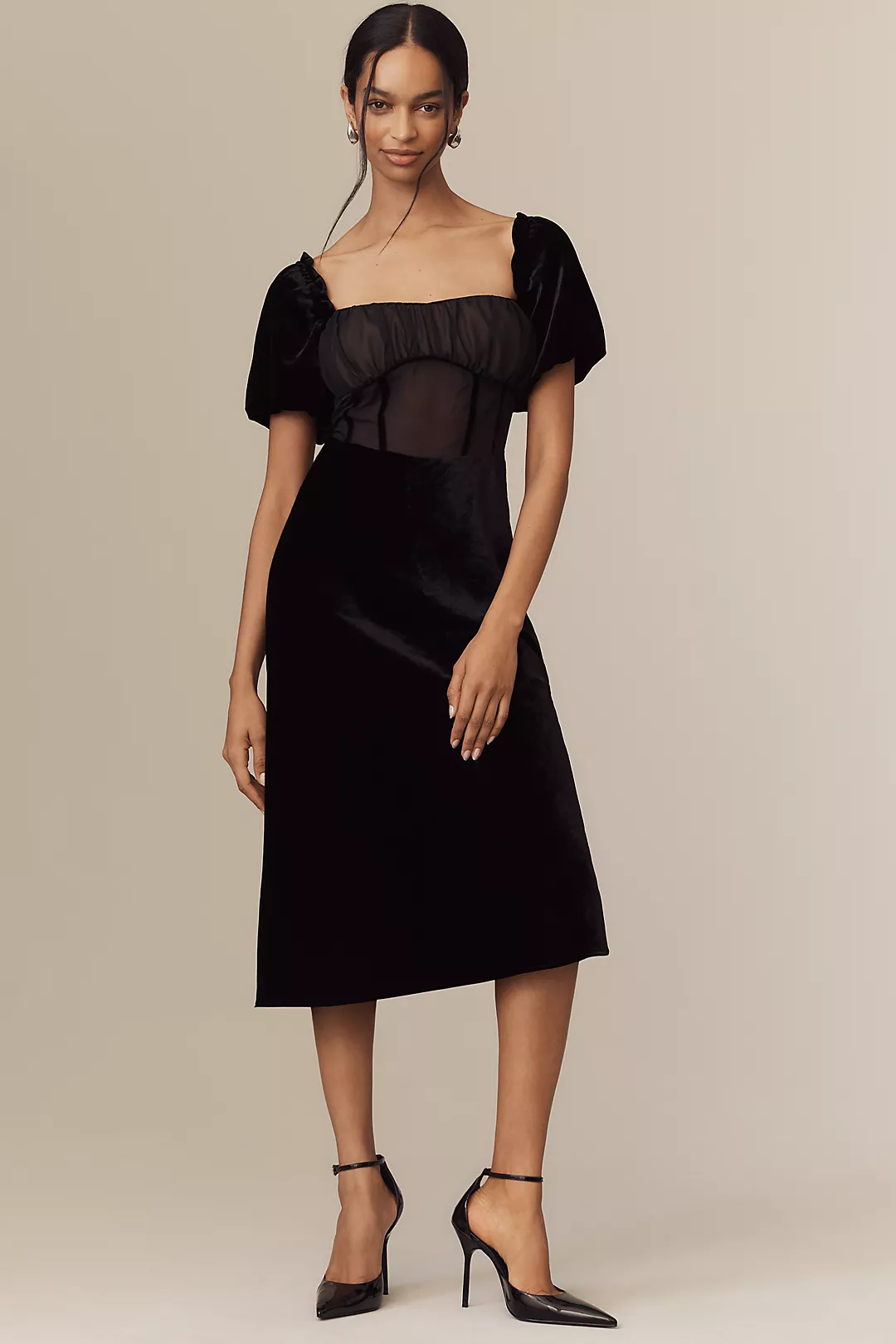 By Anthropologie Puff-Sleeve Mesh Velvet Midi Dress