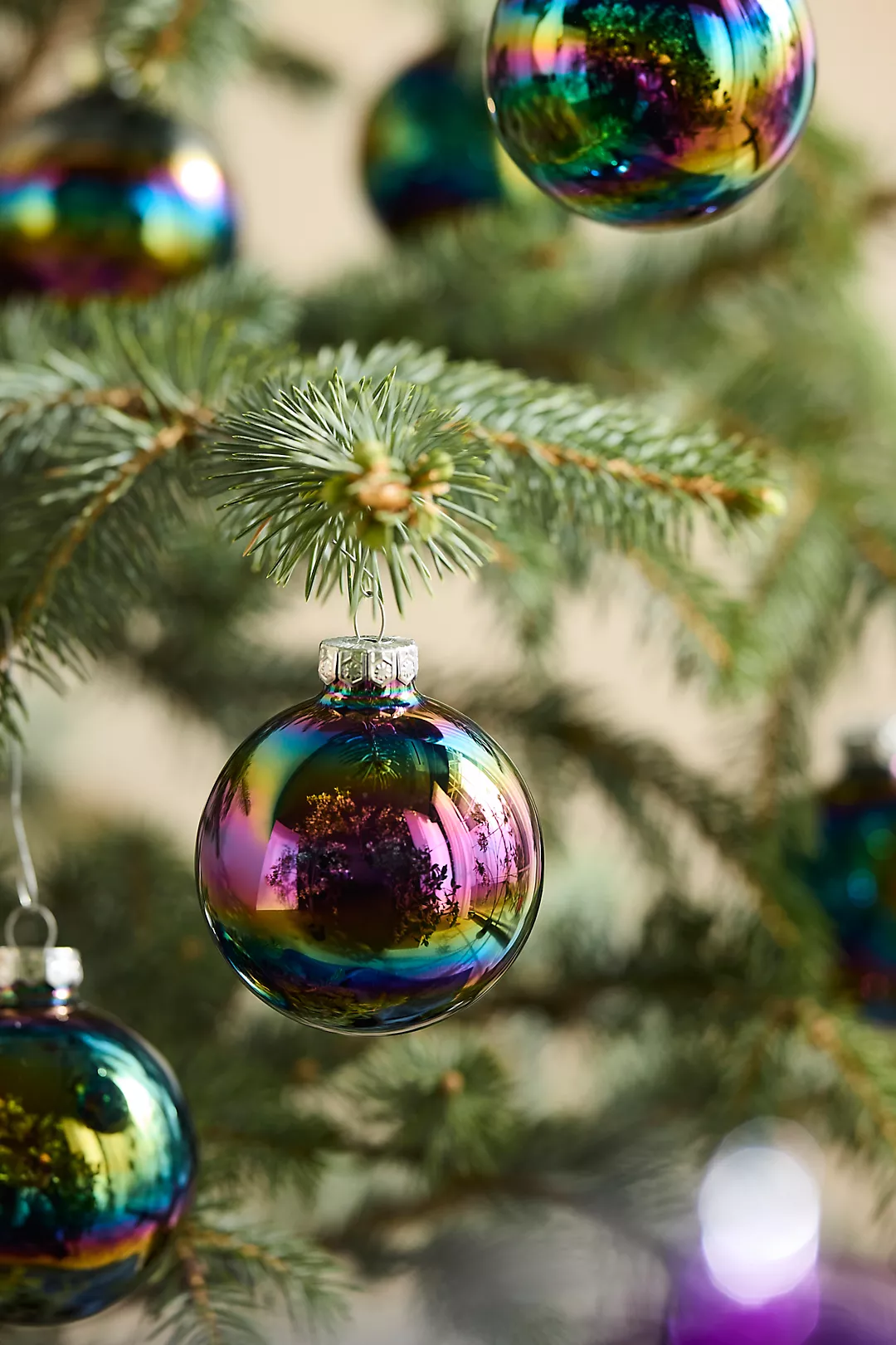 Dark Iridescent Glass Globe Ornaments, Set of 8