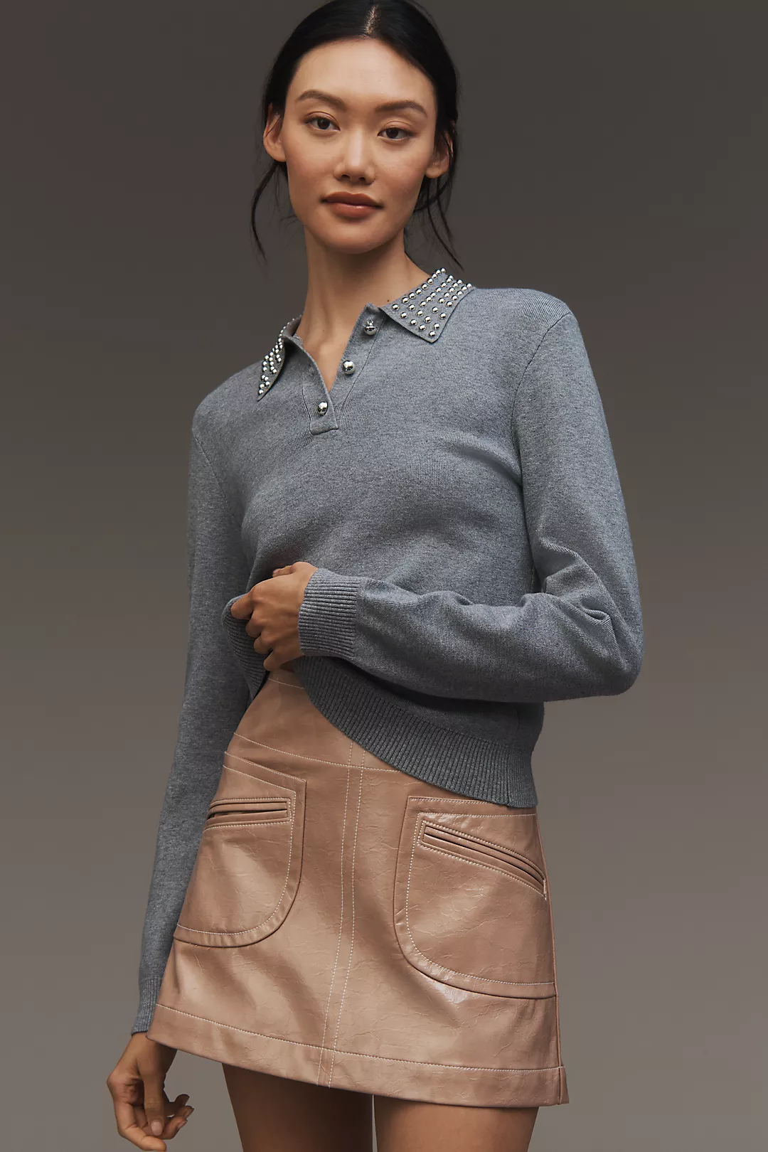 Central Park West x Anthropologie Studded-Collar Polo Sweater