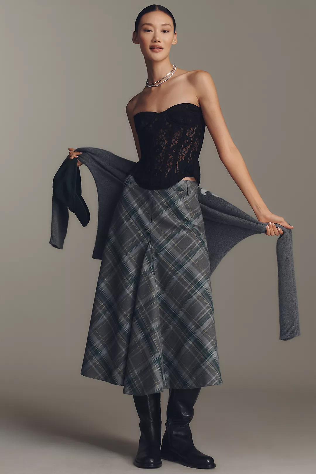 English Factory Plaid A-Line Midi Skirt