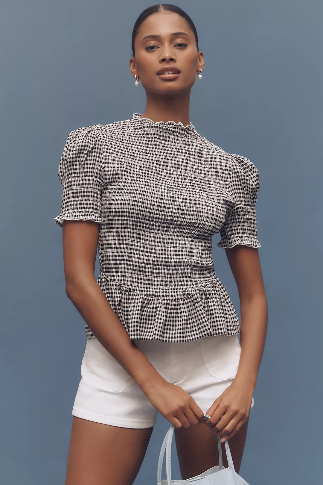 Reformation Aggie Puff-Sleeve Smocked Peplum Top