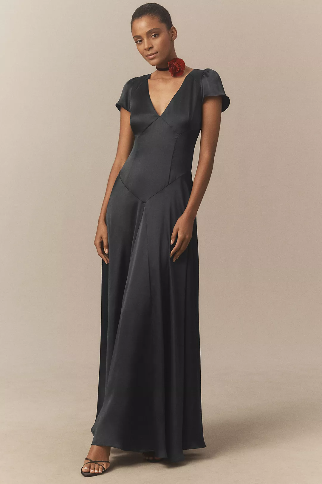 BHLDN Sammie Short-Sleeve Bow-Back Satin Maxi Dress