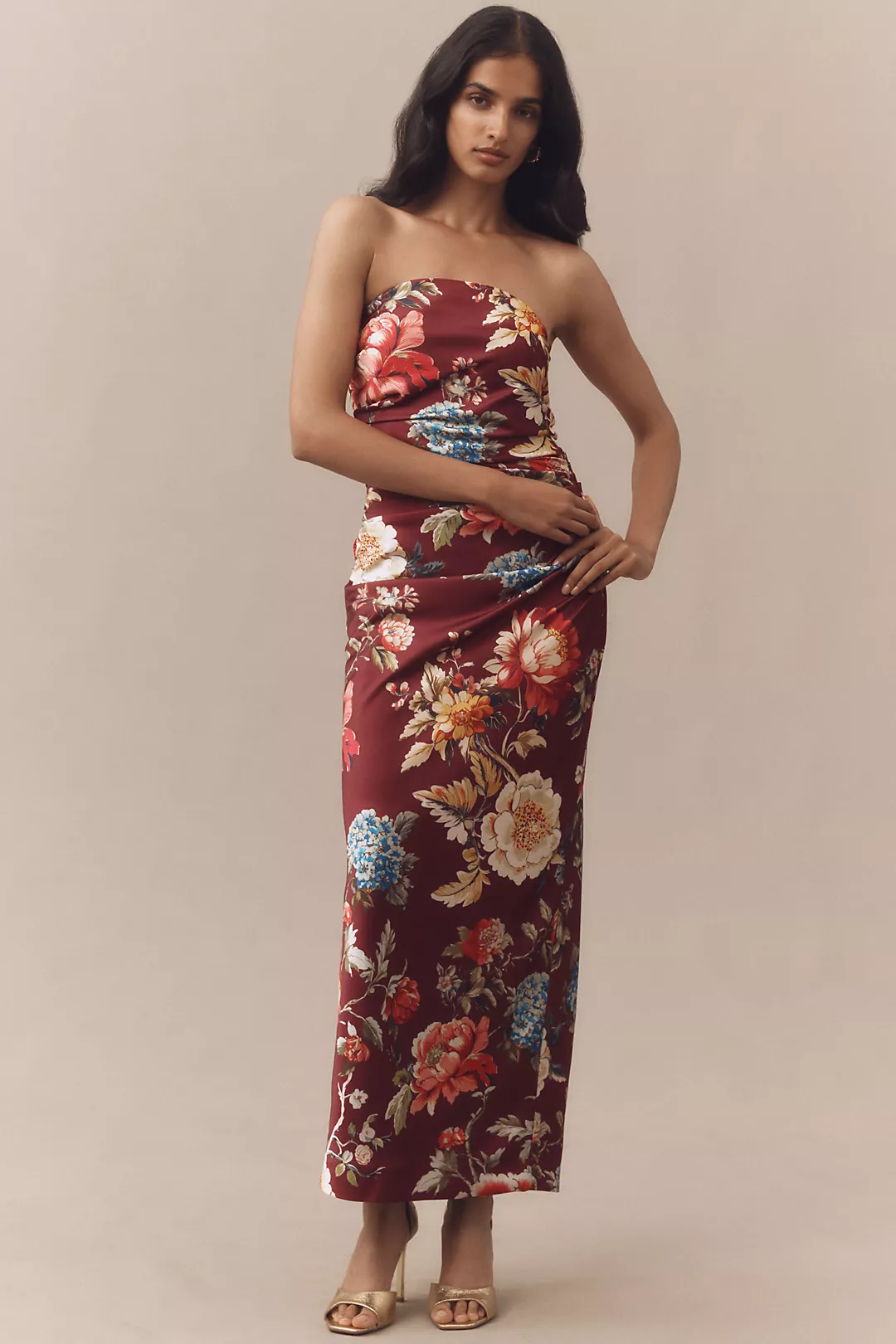 BHLDN Strapless Ruched Floral Stretch Satin Midi Dress