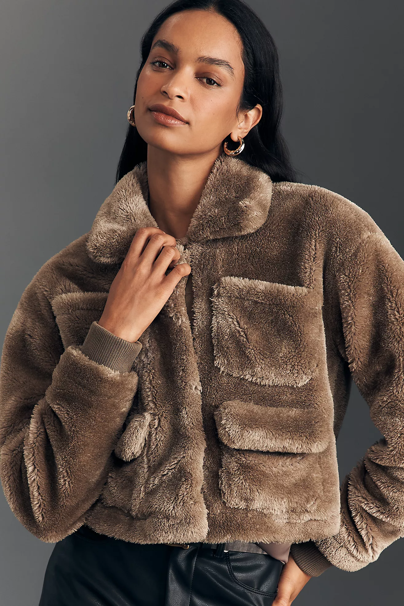 Pilcro Cropped Sherpa Fleece Cargo Jacket