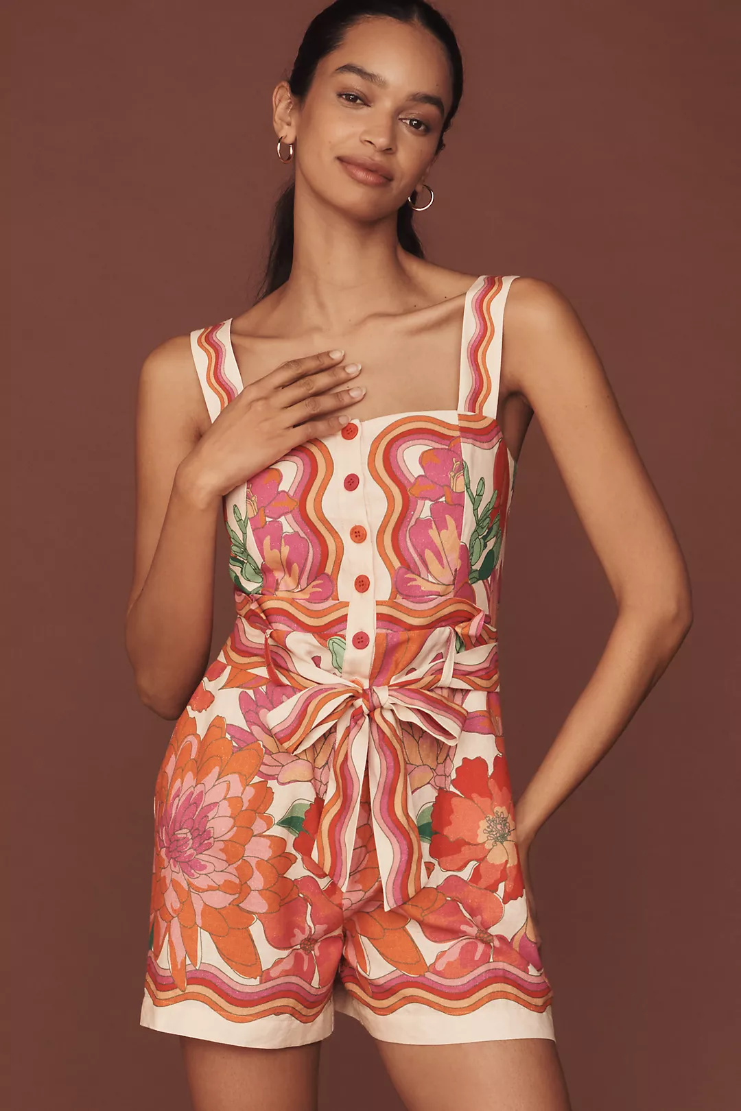 Farm Rio Spring Affair Linen-Blend Sleeveless Square-Neck Romper