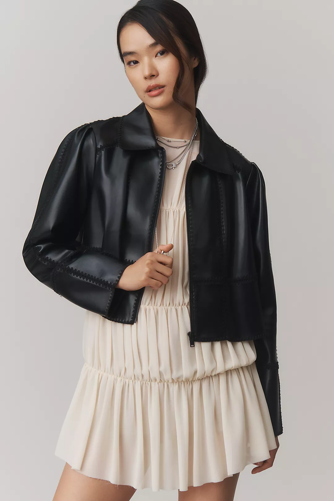 The Freya Faux-Leather Whip-Stitch Swing Jacket