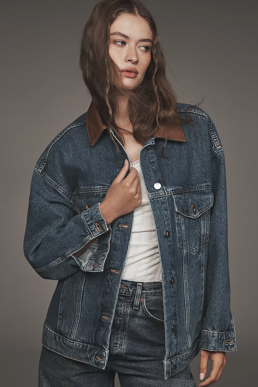 The Weston Leather-Collar Denim Boyfriend Jacket by Pilcro