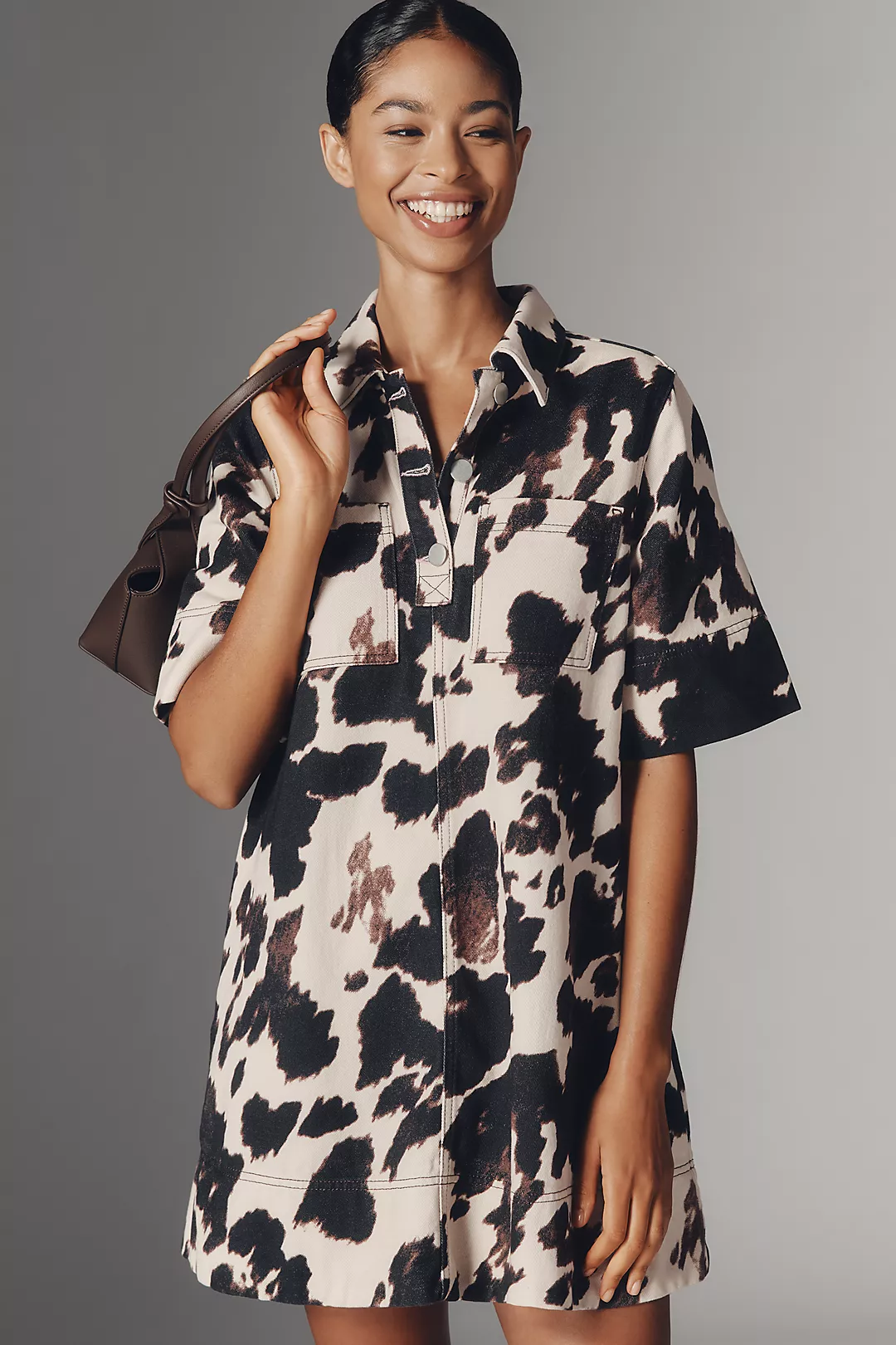 The Jeannie Short-Sleeve Denim A-Line Mini Dress by Maeve