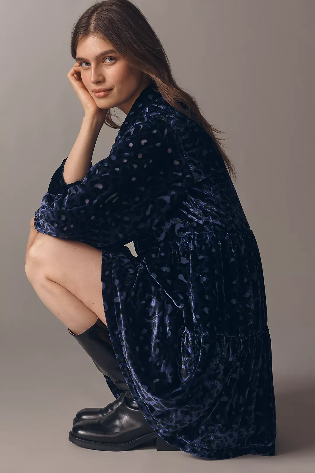 The Bettina Velvet Tiered Mini Shirt Dress by Maeve