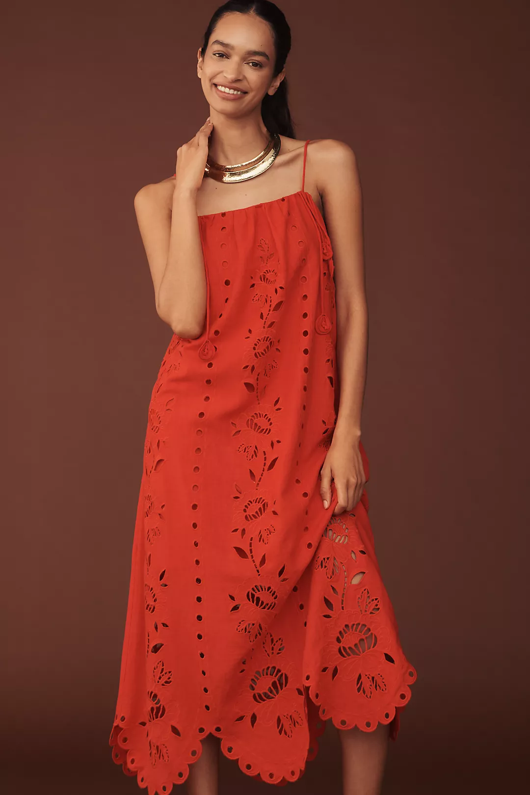 Farm Rio Richelieu Linen-Blend Sleeveless Eyelet Midi Dress