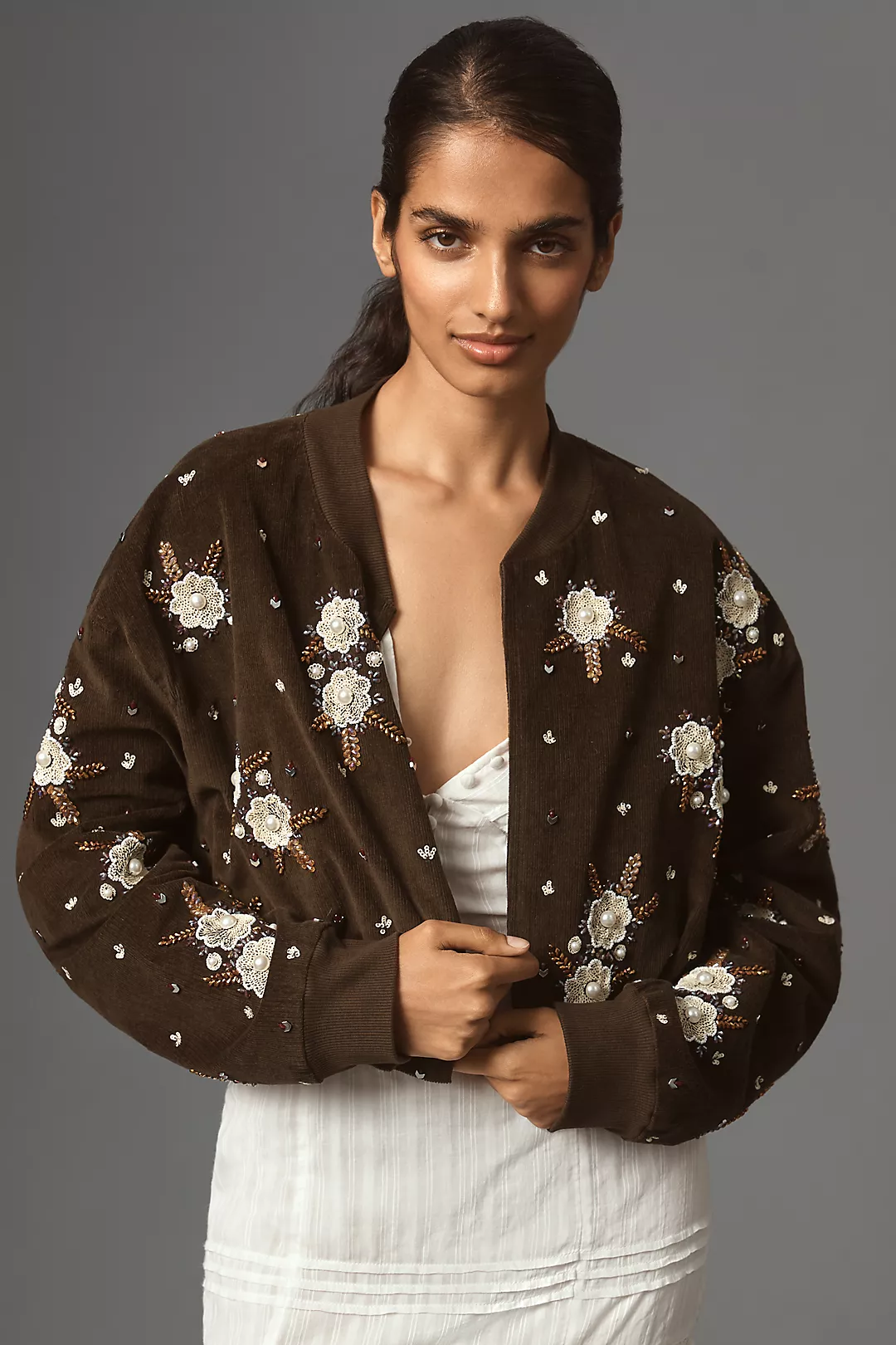 By Anthropologie Floral Embellished Cropped Jacket