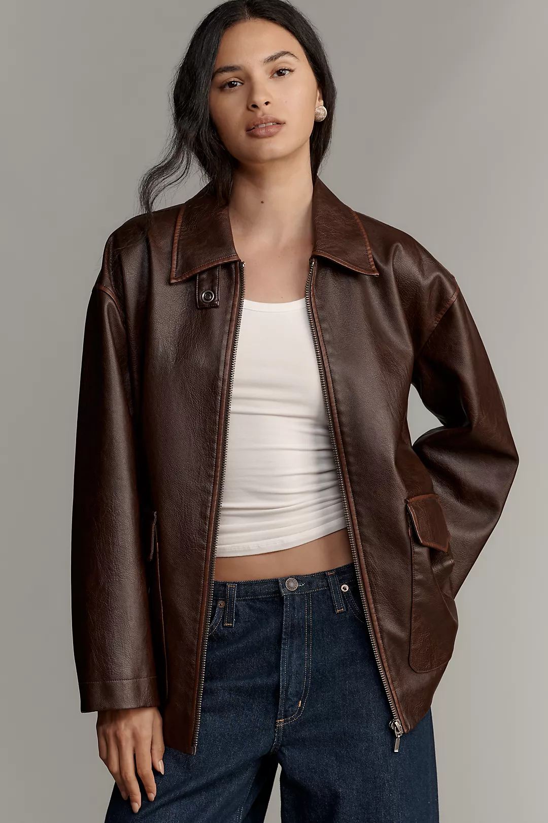 Pilcro Sofia Faux-Leather Long Bomber Jacket
