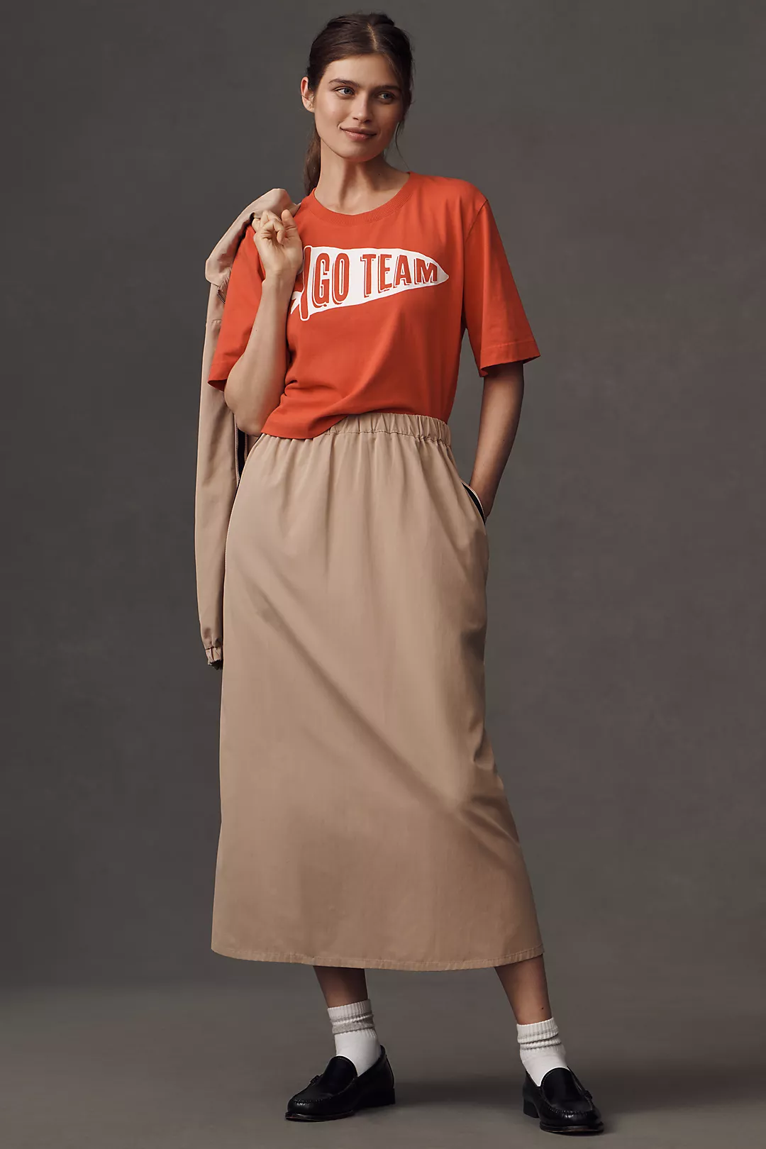 Maeve Sporty Side-Stripe Pull-On Midi Skirt