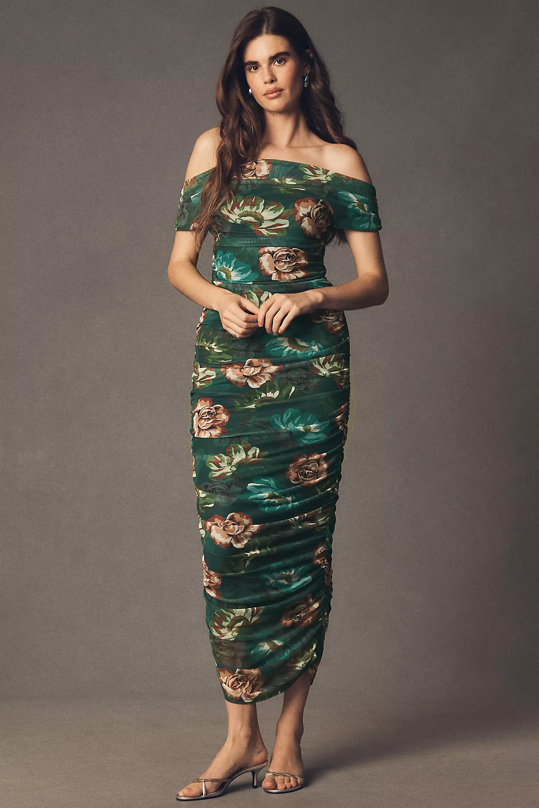 BHLDN Off-Shoulder Gathered Stretch Mesh Slim Midi Dress