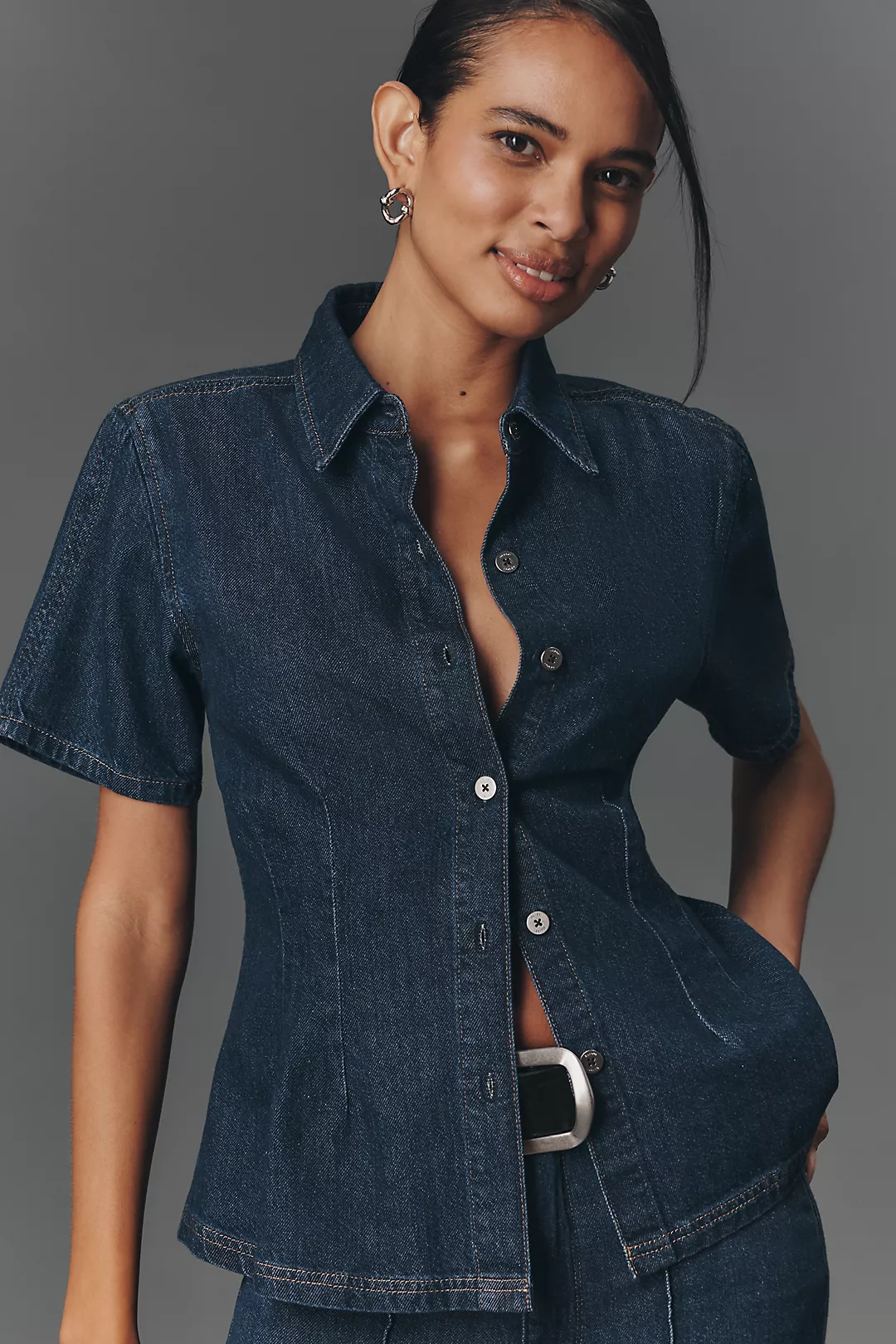 DL1961 Joice Short-Sleeve Waisted Buttondown Shirt